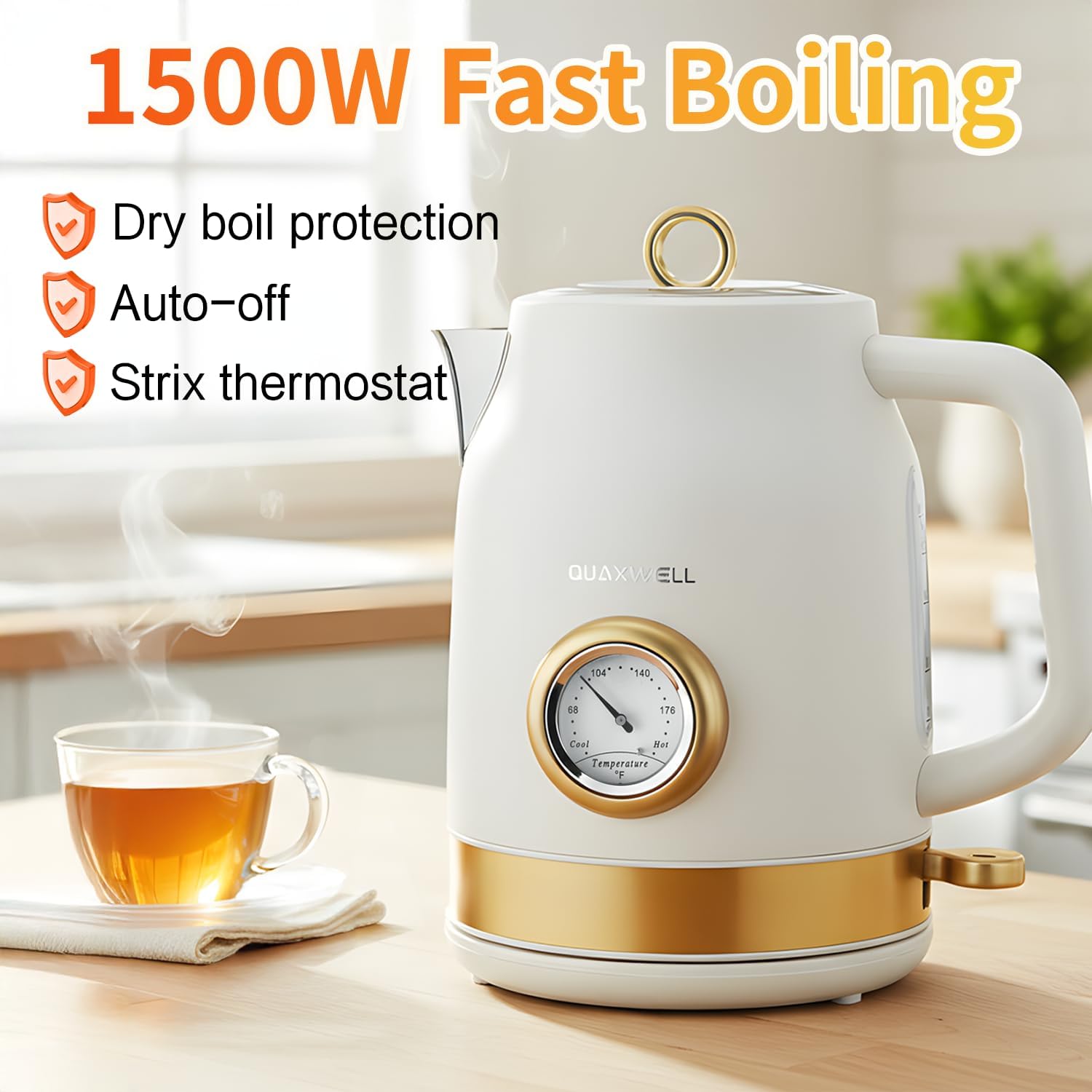 Retro Electric Kettle, 1.7L 304 Stainless Steel Tea Kettle with Temperature Gauge, 1500W Fast Boiling Water Boiler,Auto Shut-Off & Boil-Dry Protection, BPA-Free, Matte White and Gold