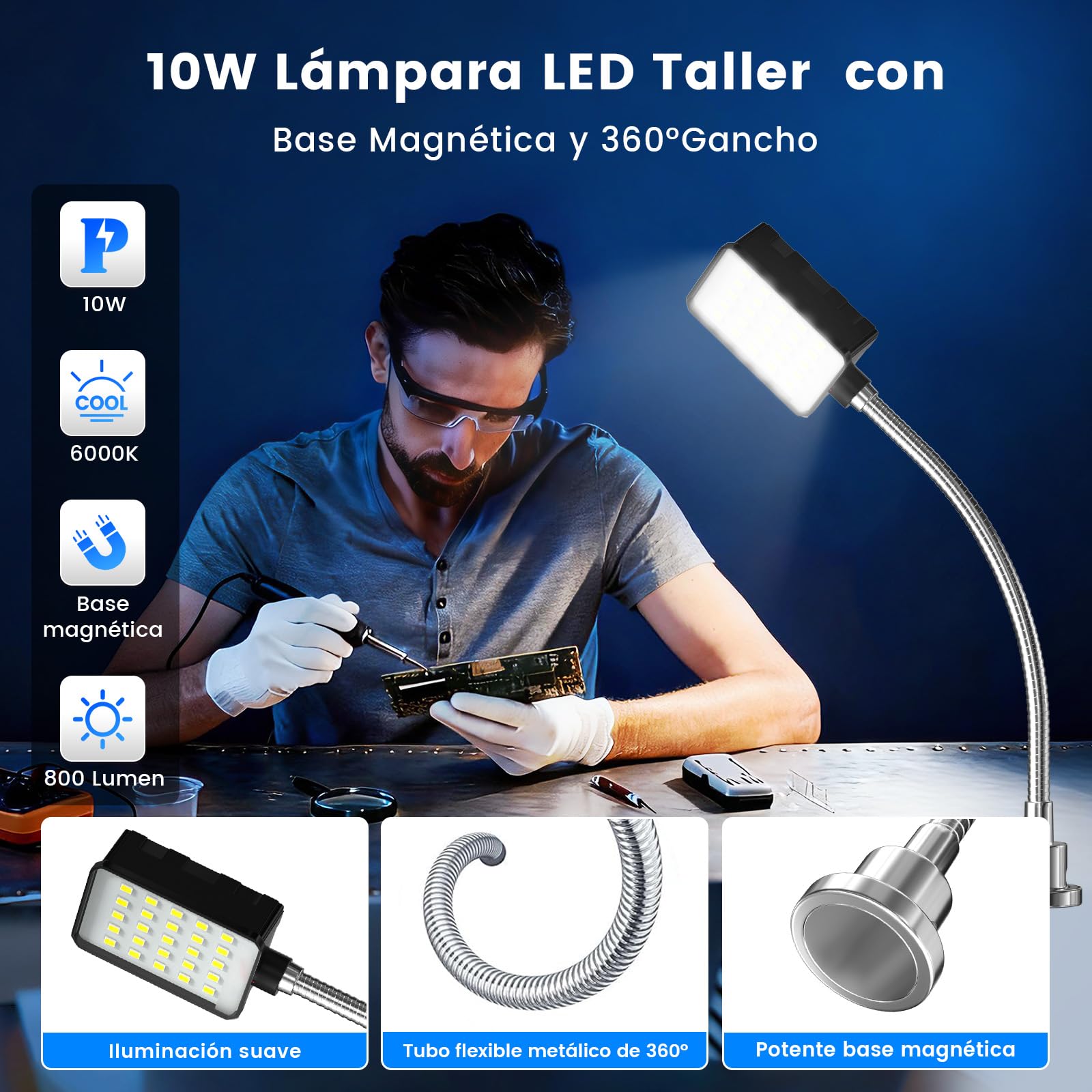 Lámpara de Trabajo Magnética Lamptobe de 10 W para Máquinas de 6000K con Cuello de Cisne Flexible y Base Magnética,Lámpara para Herramientas de Taller para Bancos de Trabajo,Tornos,Parrillas,Tallere