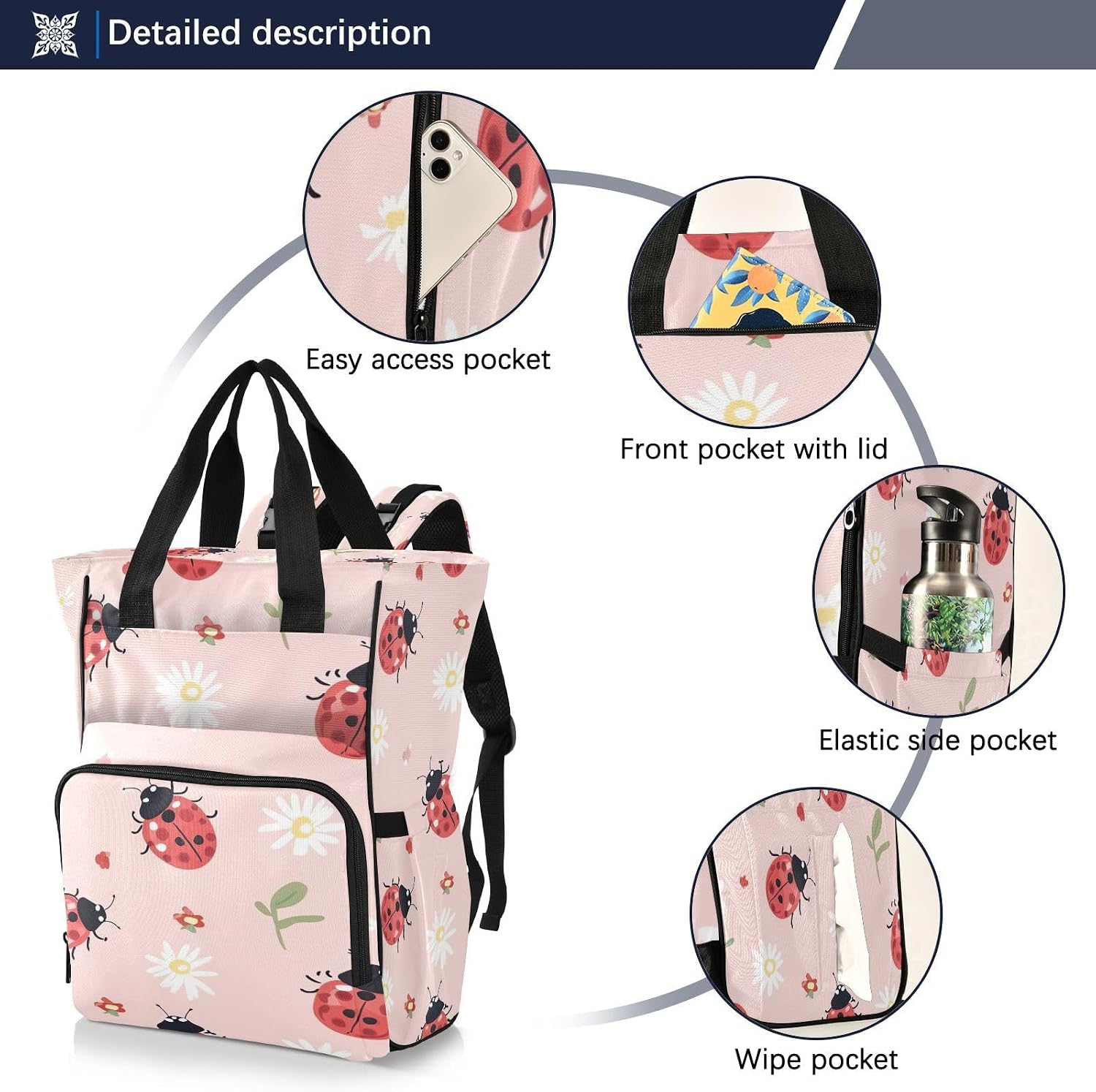 Lady Bugs on Pink Diaper Bag Backpack Waterproof Travel Baby Bag with Stroller Straps Large Capacity Multi Function Changing Bags