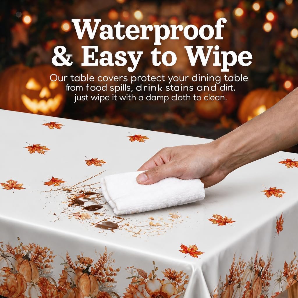 ATFUNSHOP Fall Thanksgiving Tablecloth 4 Packs Plastic Disposable Table Cloth 54x108 Rectangle Table Cover with Pumpkin & Maple Leaf for Holiday Dinner Party Decorations Outdoor Picnic & Baby Showers