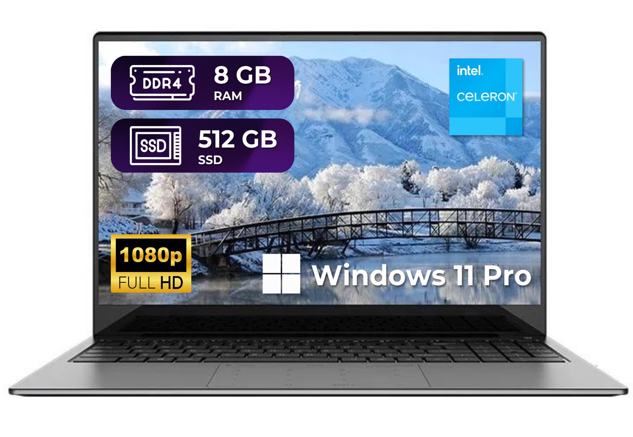 thunderb E156S 15.6" Laptop - Intel Quad-Core, 8GB RAM, 512GB SSD, Windows 11 Pro, Fingerprint, Backlit Keyboard, HDMI, Bluetooth, USB 3.0, HD Webcam,