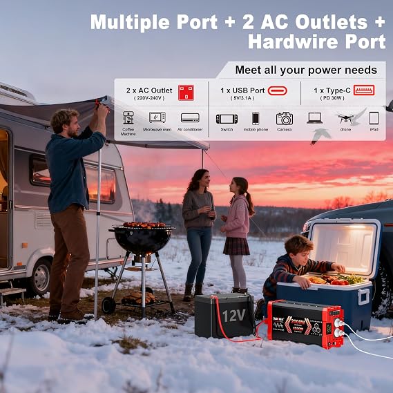 Pure Sine Wave Inverter 2000 Watt, 12V DC to 240V AC Inverters for RV, Truck, Solar, Home, Power Inverter with 2 AC Outlet, 30W USB-C, 5V 3.1A USB, Hardwire Port, Remote Control, Surge 4000W