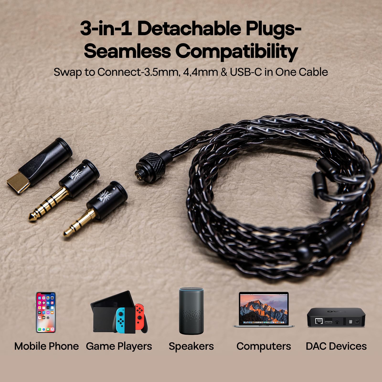 Linsoul Kiwi Ears x B_Media Terras, Connettore USB Tipo C/3,5 mm/4,4 mm, Cavo per IEM a 4 Nuclei in Rame Monocristallino 4N 32 AWG, HiFi da 1,25 m per Astral Orchestra II Arete Hype4