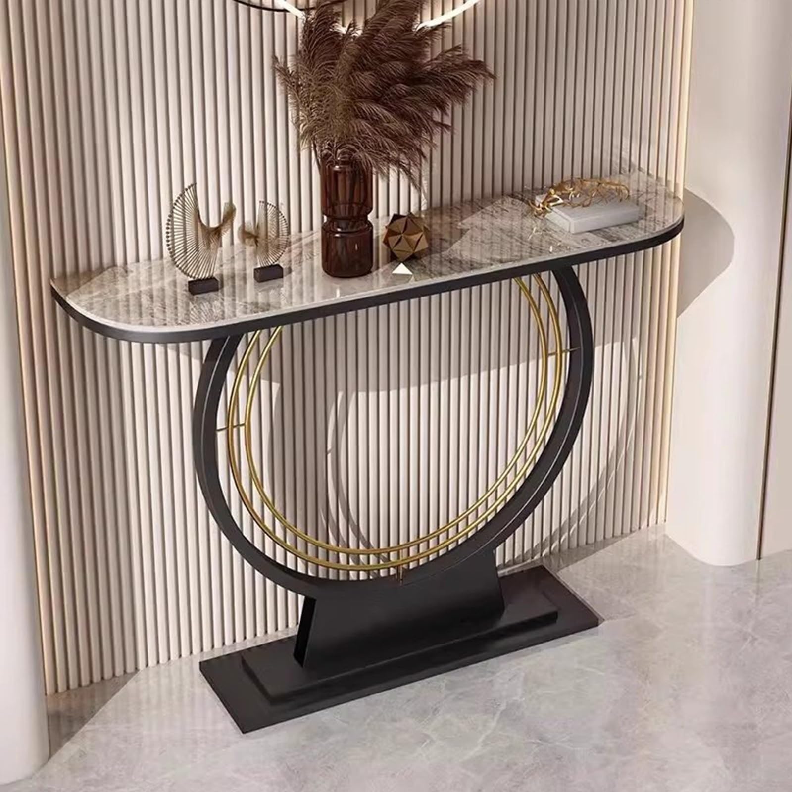 Mesa de consola de piedra sinterizada gris de 80cm con marco de metal negro y almacenamiento para pasillo