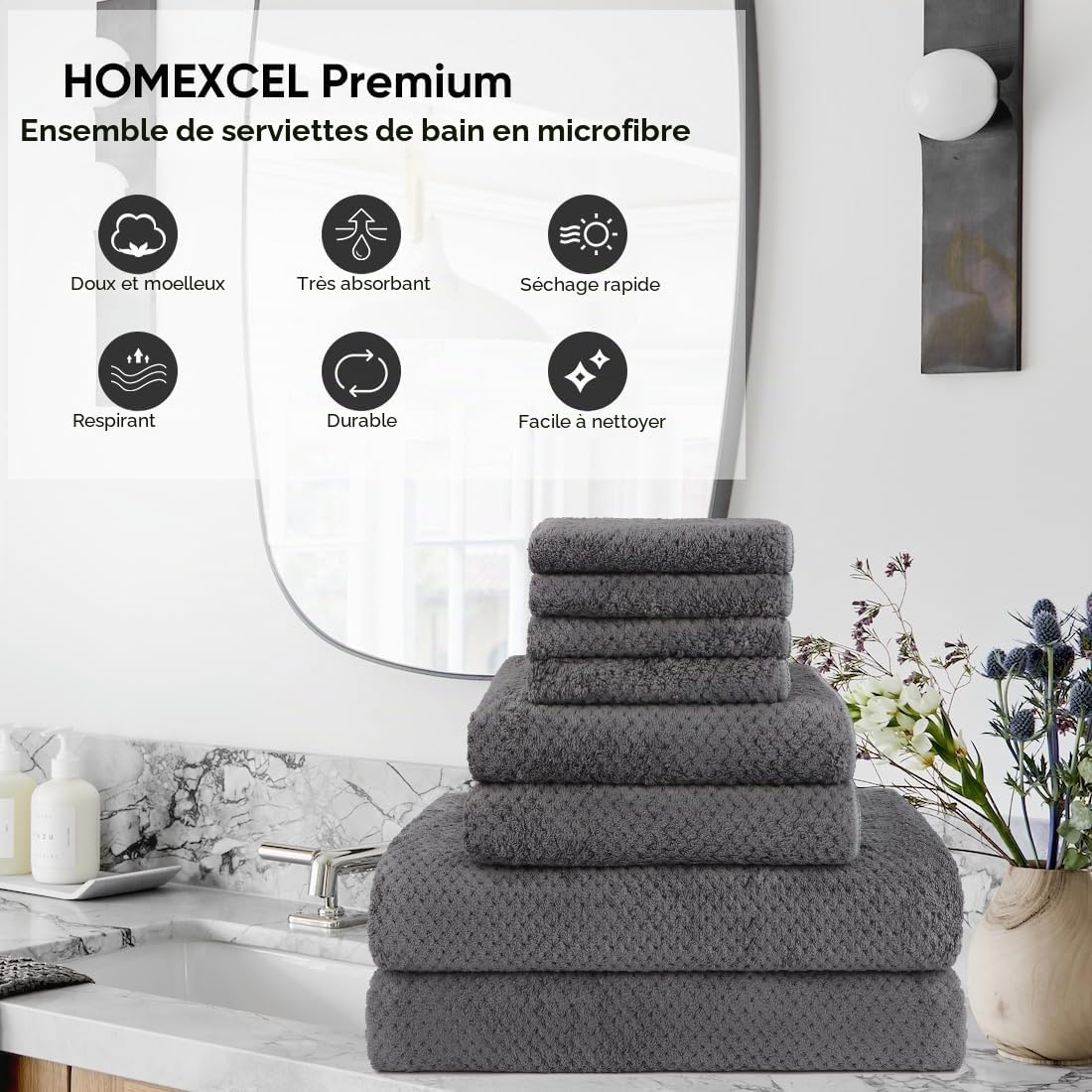 HOMEXCEL Lot de 8 Serviettes de Bain en Microfibre – 2 Serviettes de Bain, 2 essuie-Mains et 4 débarbouillettes, Super Douces, très absorbantes pour Salle de Bain, Salle de Sport, hôtel et Spa (Gris)
