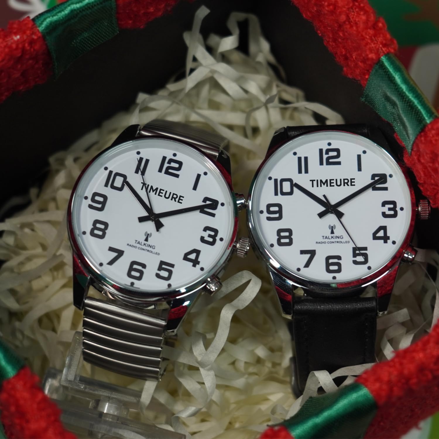 TIMEURE-2309M Sprechende Herren-Funkarmbanduhr mit Analoganzeige | Sprachansage von Uhrzeit und Datum. Automatische Zeitkalibrierung. Alarm und einstellbarer Stundenschlag.