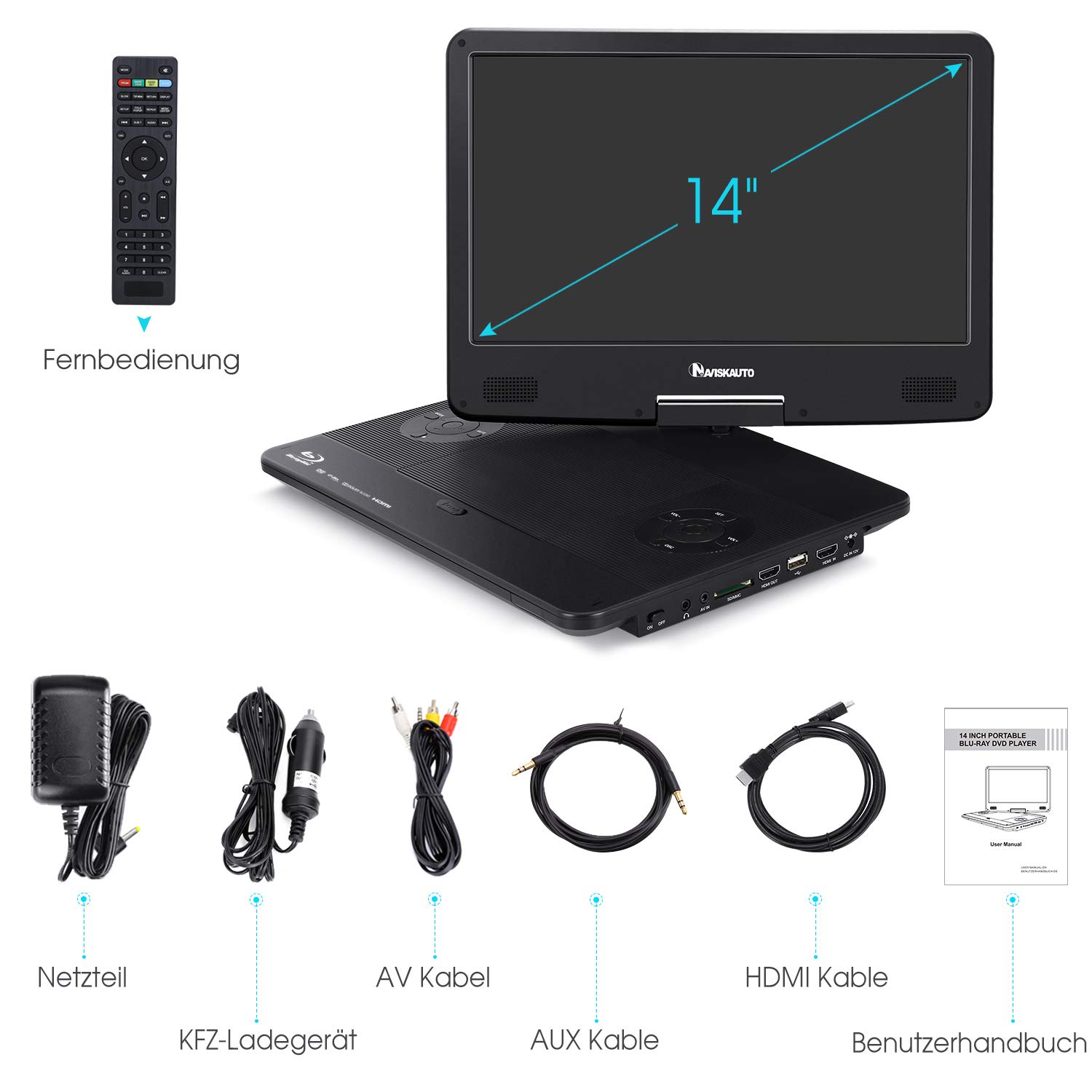 NAVISKAUTO 15,4 Zoll Tragbarer Blu Ray DVD Player Mit HDMI Kabel, 270 ° drehbar HD 1920x1080, Blue Ray Player Tragbar Inklusive wiederaufladbarem 4000 mAh Akku USB/SD