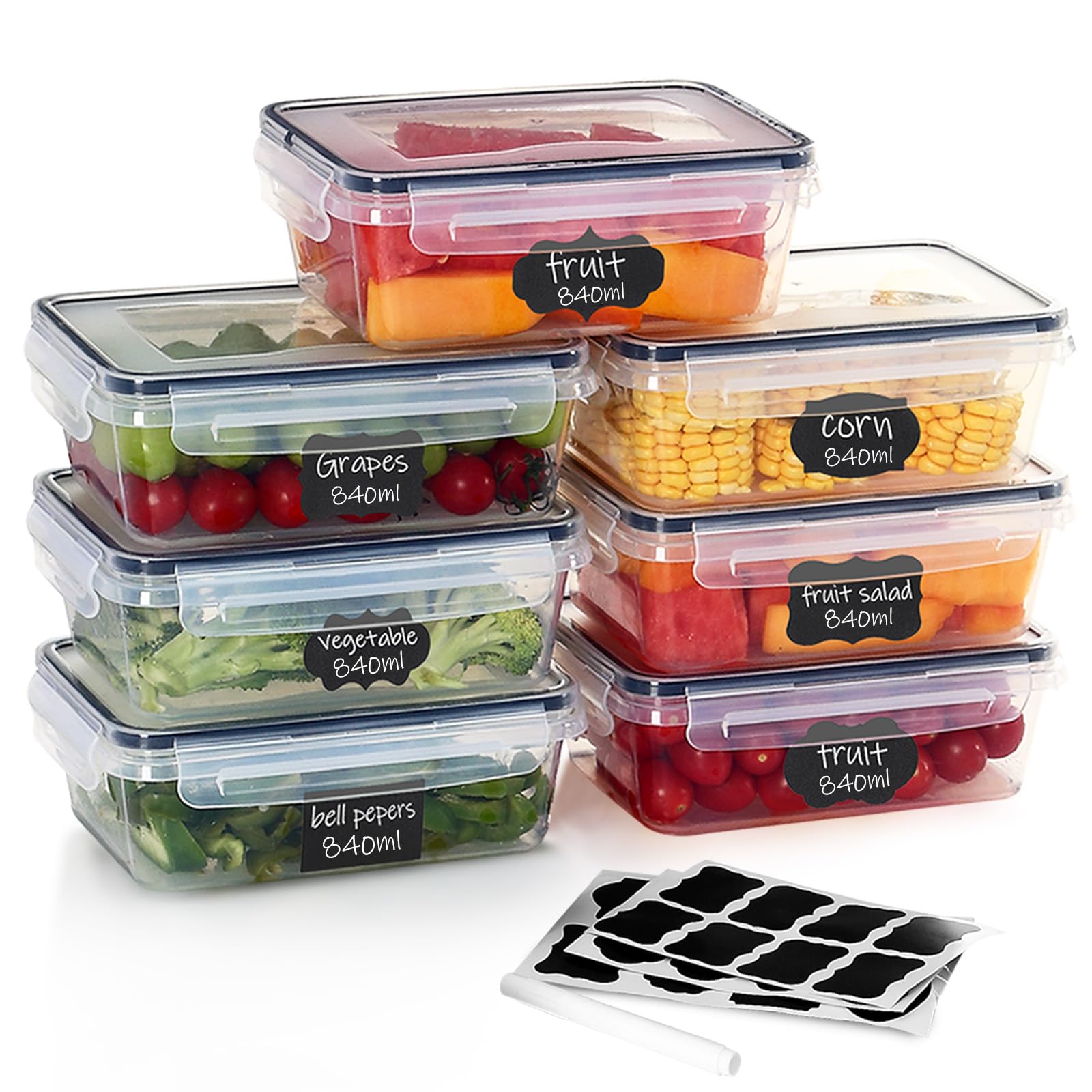 Hibisaws Transparent 7 Pack 840Ml Airtight Food Storage Containers With Lids, Bpa Free Meal Prep & Lunch Containers, Stackable Freezer & Fridge Storage Boxes For Leftovers, Fruit & Salad