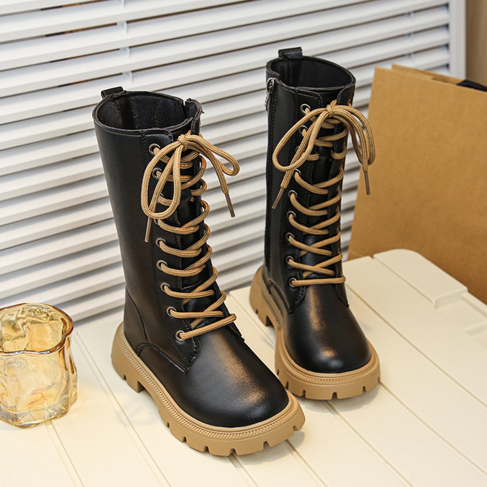 HAOLEI Botas Niña Otoño e Invierno Botas Alta de Piel con Cordones y Cremallera Lateral Moda Bota de Media Caña de Charol Cálido Antideslizante Estilo Británico Zapatos de Cuero para La Escuela