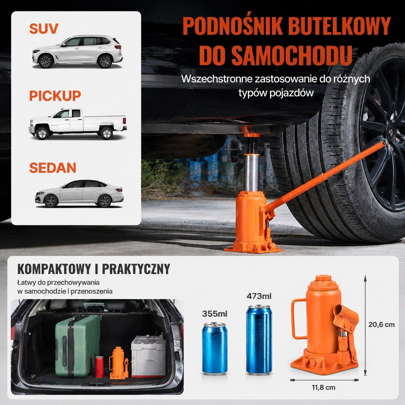 Podnośnik hydrauliczny 12 t, zakres podnoszenia 205-400 mm, wytrzymały podnośnik butelkowy do samochodów osobowych, SUV-ów, pickupów, warsztatów samochodowych, podnośników domowych, sprzętu