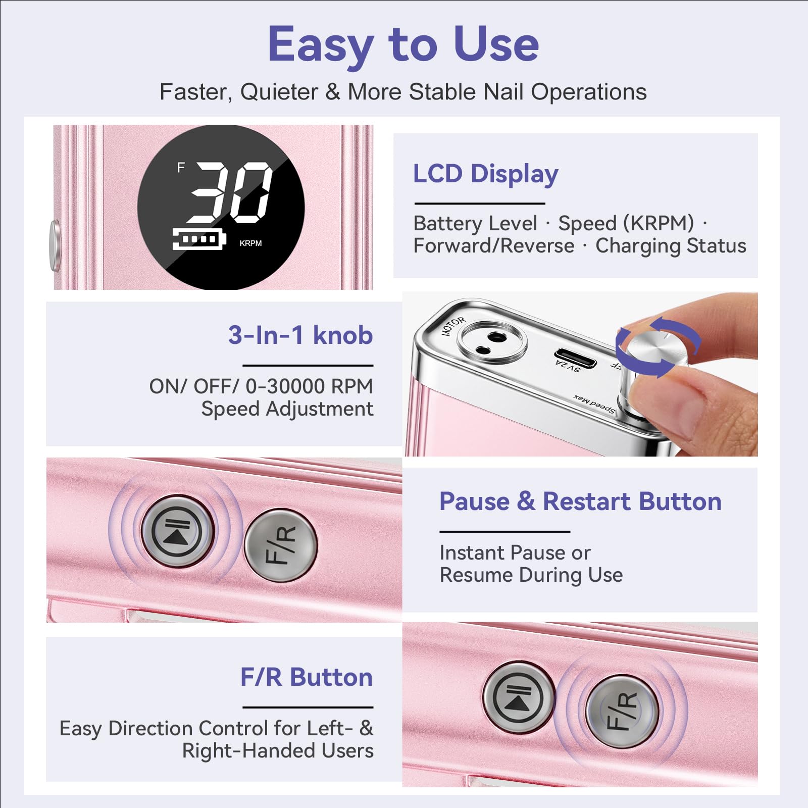Makartt Perceuse à ongles - 30 000 tr/min - Lime à ongles électrique portable pour façonner et enlever les ongles en gel, silencieuse, légère, batterie 8H, facile à utiliser pour la maison et le salon