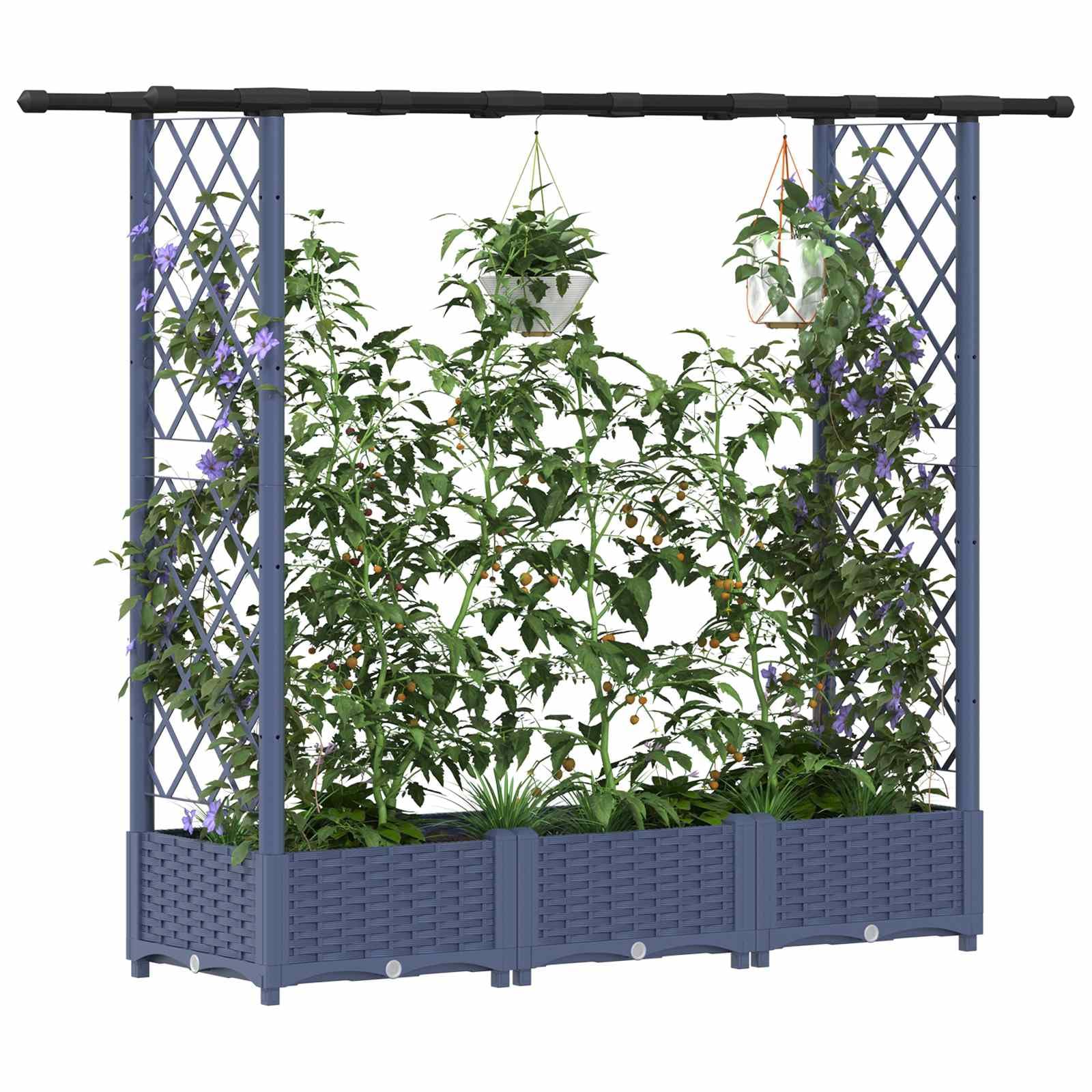 Jardinera con enrejado y techo, jardinera de polipropileno gris para jardín y terraza, 164 x 40 x 121 cm, resistente a la intemperie con riego y almacenamiento de agua para hierbas y verduras