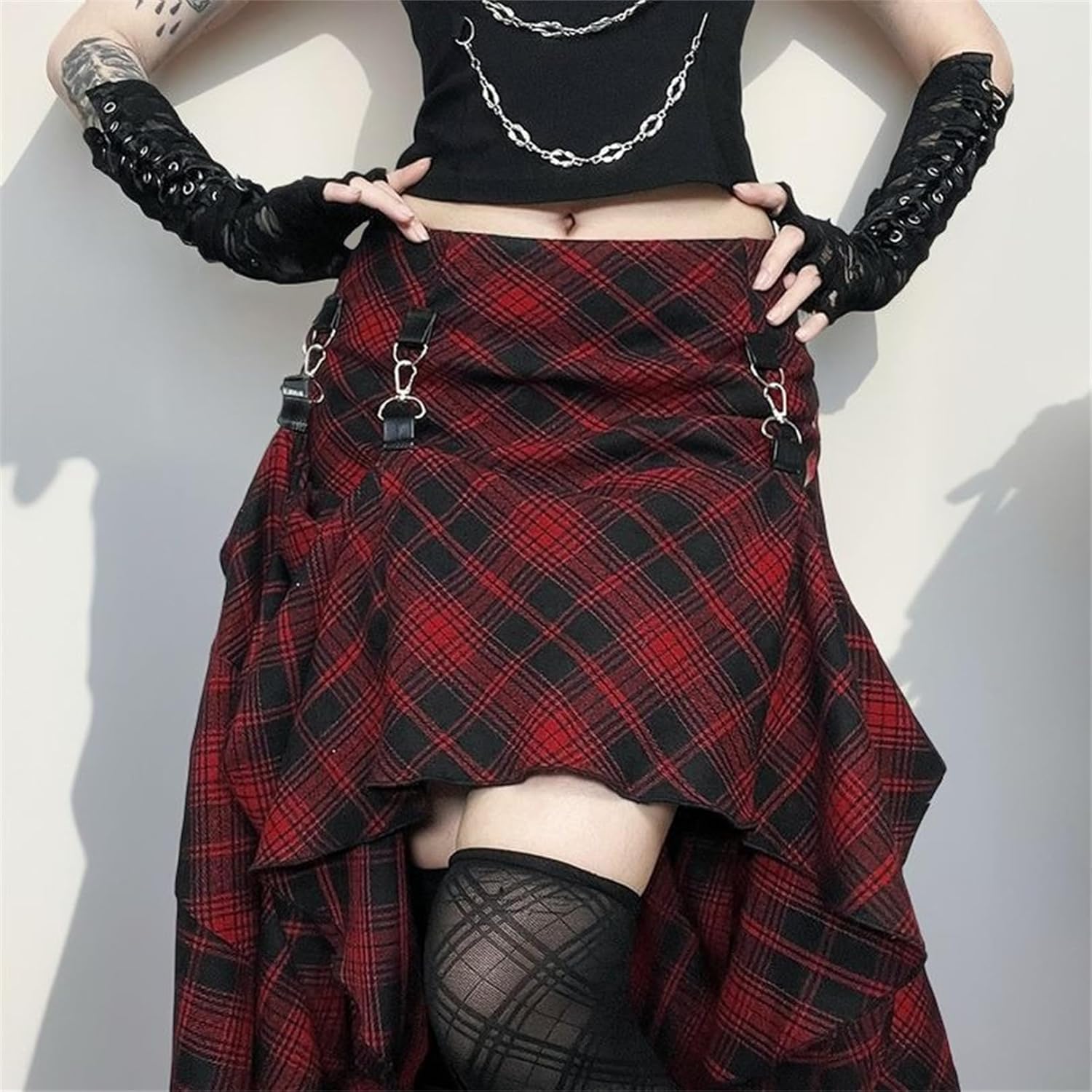 Goth Asymmetrical Midi Skirt Women Hi Low Punk Plaid Y2k Fairy 90s Flowy