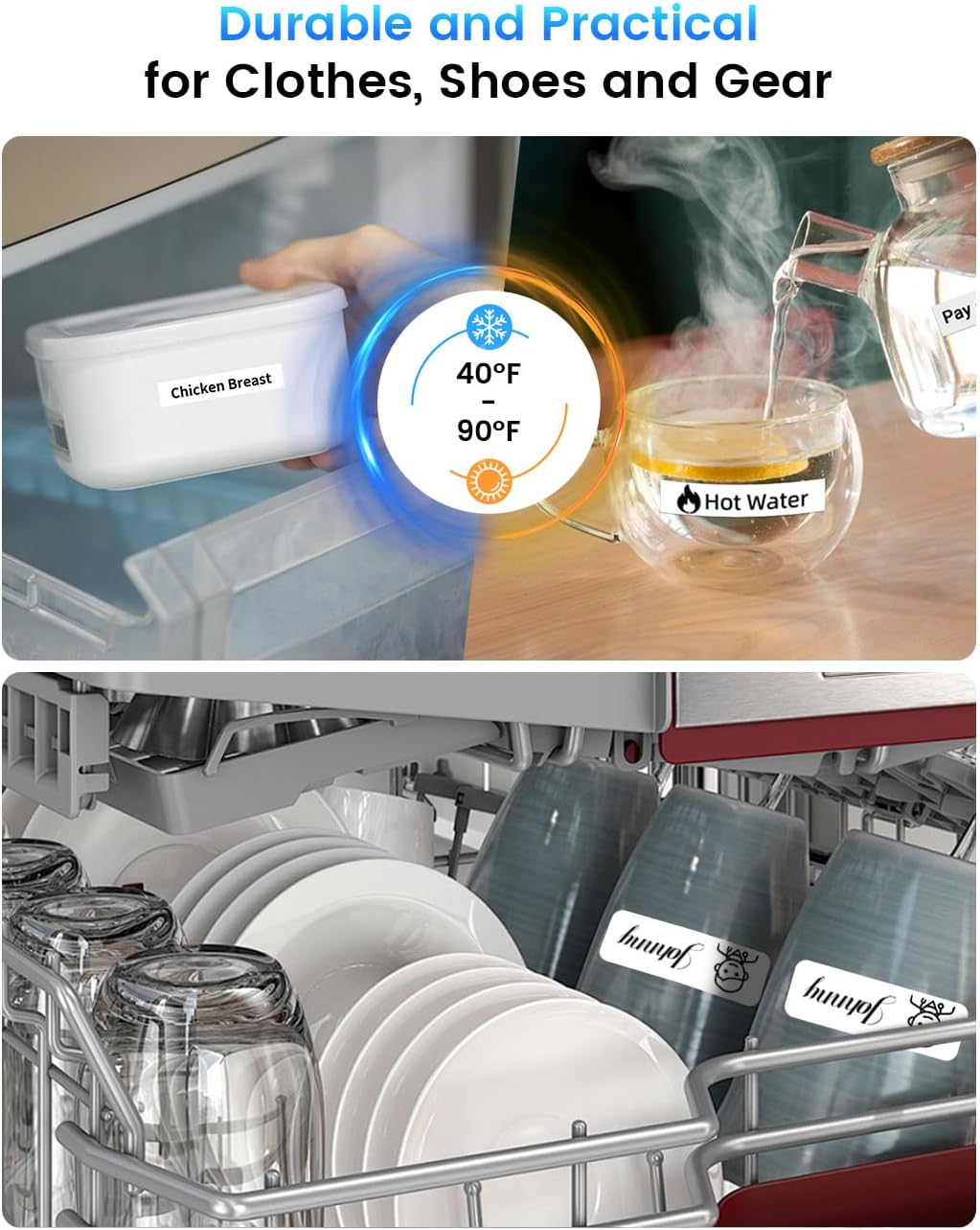 Labels used in various practical scenarios like food storage and dishwashers