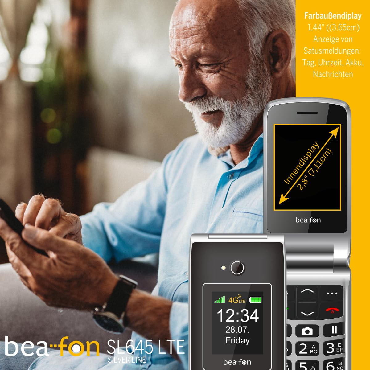 Beafon, SL645, LTE 4G, Silverline, telefono cellulare per anziani SOS chiamata di emergenza, pieghevole, XXL, display interno da 7,11 cm), display esterno a colori da 4,49 cm, fotocamera da 3,0 MP