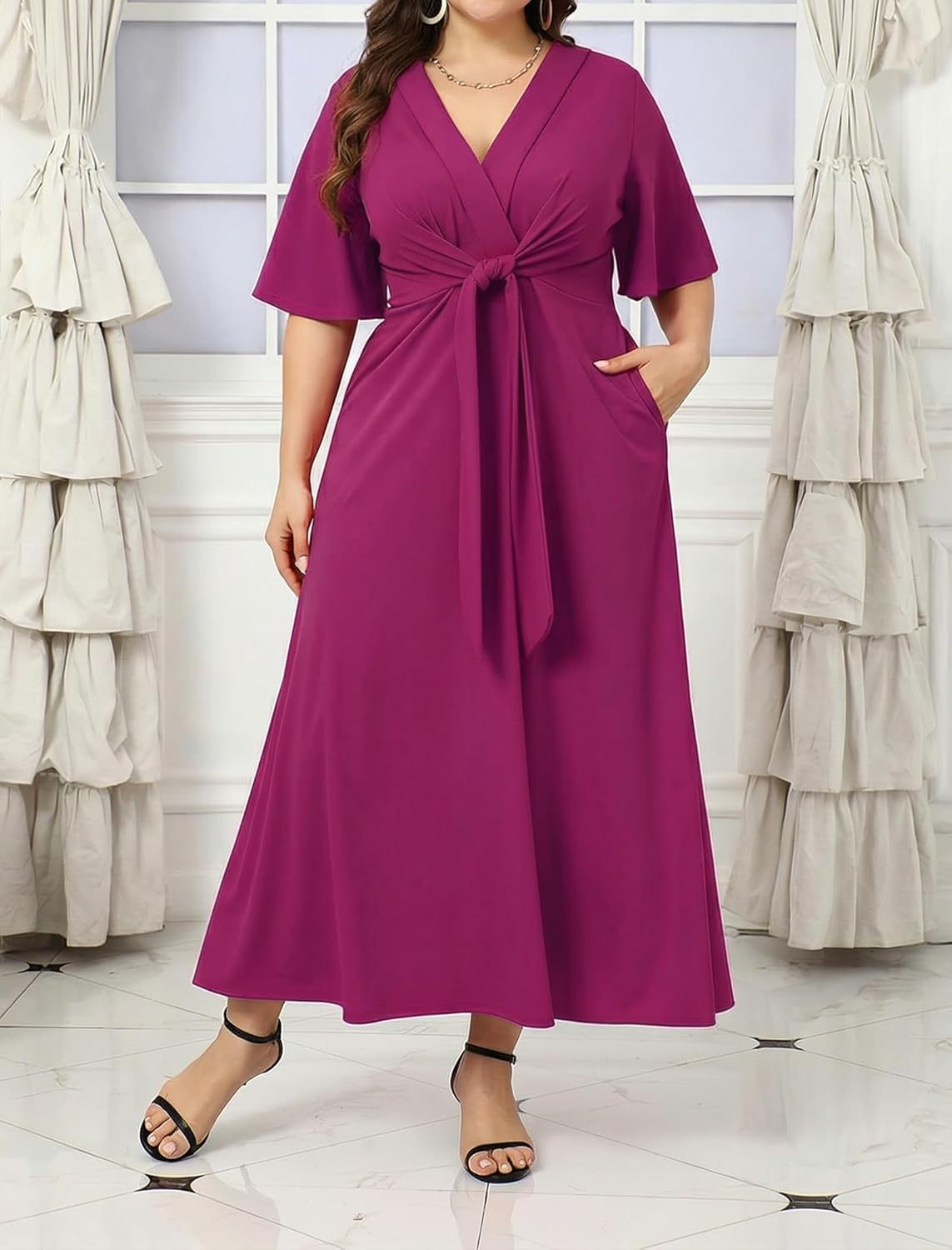 Ekaliy Women's Elegant Wedding Guest Dress Adjustable Tie Front V Neck Ruffle Sleeve A Line Formal Maxi Church Dresses