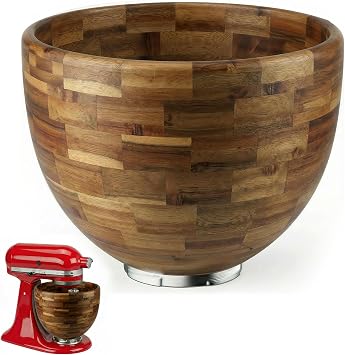 5 Qt Solid Wood Mixing Bowl Compatible with KitchenAid Tilt-Head Stand Mixer, Handcrafted Natural Wooden Bowl for 4.5-5 Qt K45SS KSM75 KSM150, Ideal for Bread Dough & Salads Light Brown