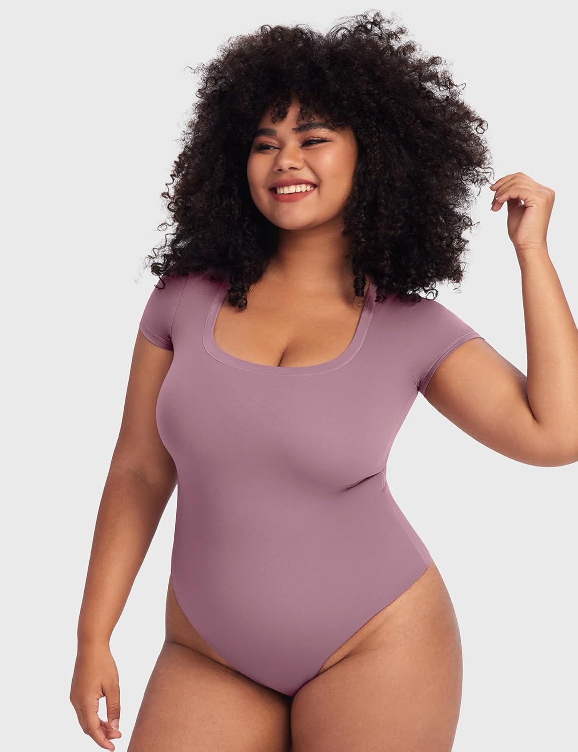 PUMIEY Women's Scoop Neck Short Sleeve Bodysuit Slimming Fit Body suit Top Smoke Cloud Pro Collection - Image 3