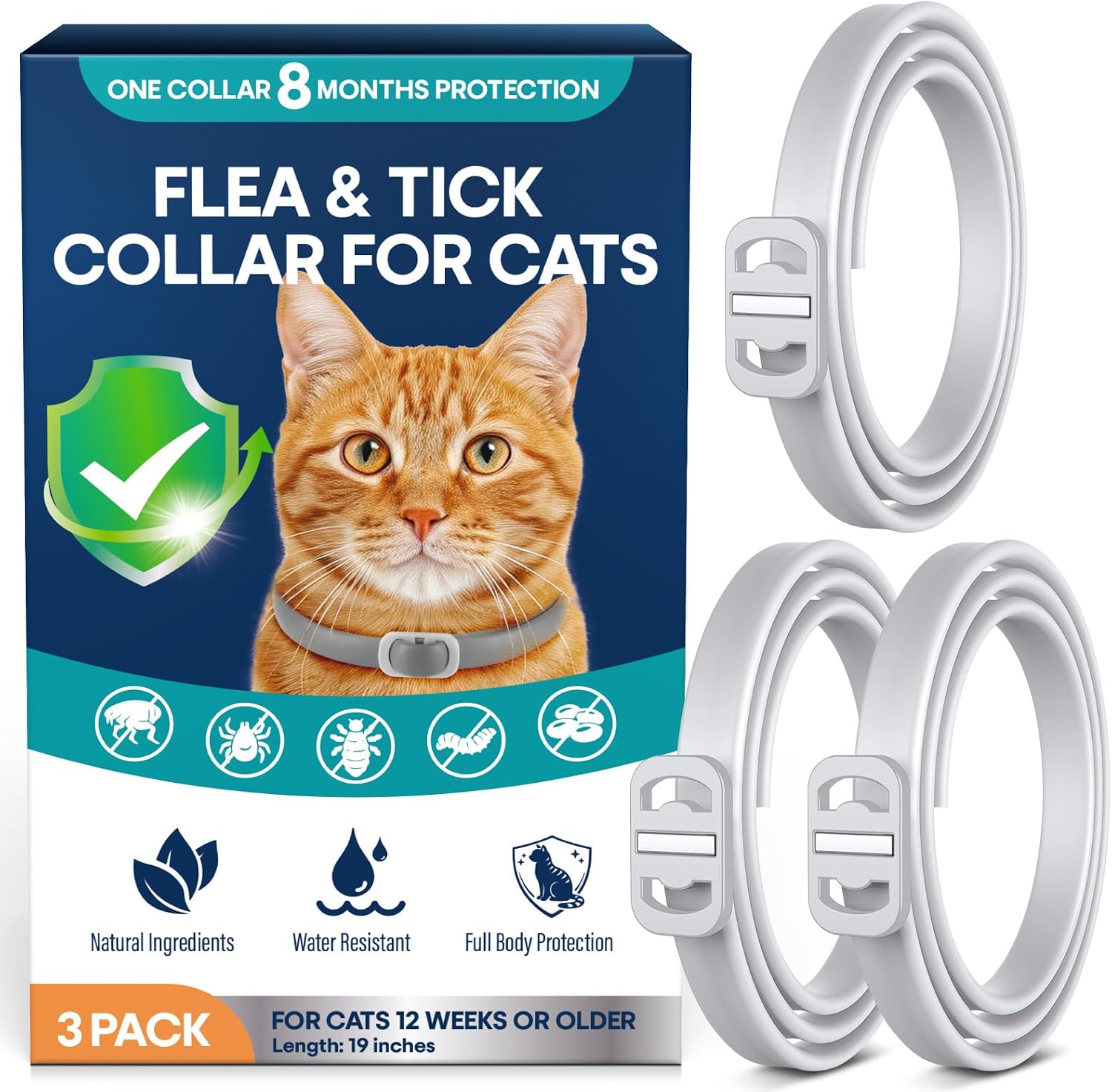 Flea Collar for Cats 3 Pack, 8-Month Flea & Tick Prevention per Collar, Natural Plant-Based, Water-Resistant, Adjustable, Fast-Acting & Long-Lasting, Safe for Adult Cats and Kittens, White