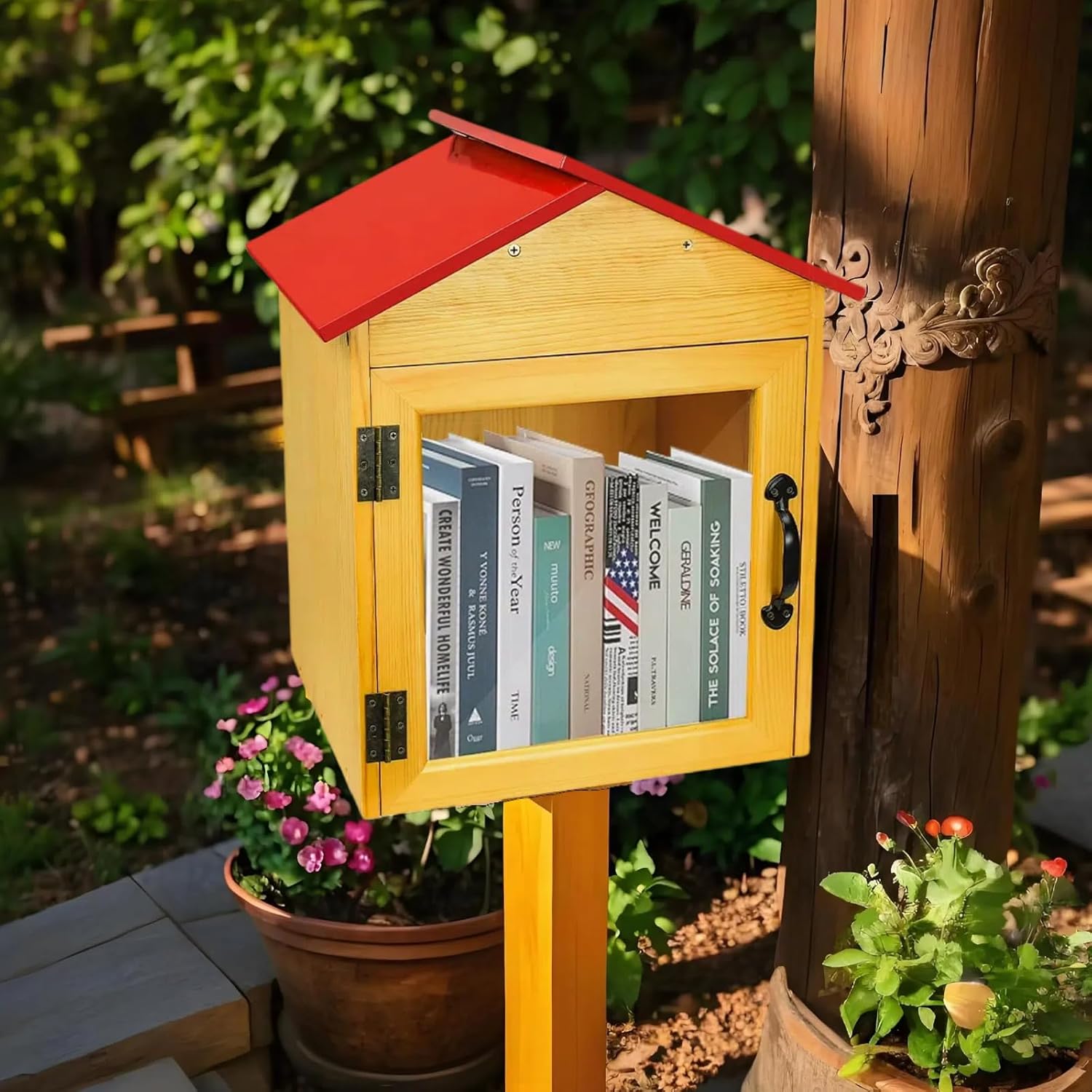 Outdoor Library Book Box Storage, Red Wooden Cabinet Little Literature Box for Neighborhoods Community and Schools Sharing Books, Newspapers, Flyers, Food and Art (Book Box-Red)