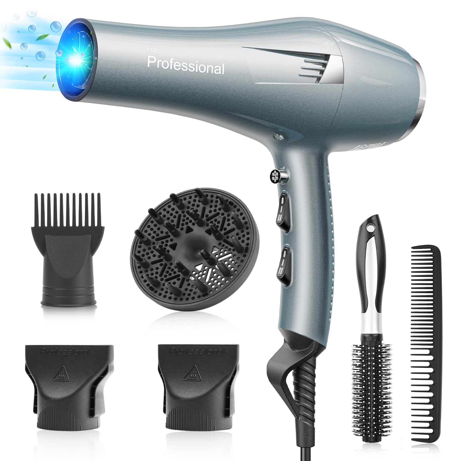 FaszinCare Secador de pelo profesional Iónico, potente Secadores pelo con iones, difusor y peine concentrador, para familia y salón, Nocturna Rápido Secado Cabello (Azul lago)