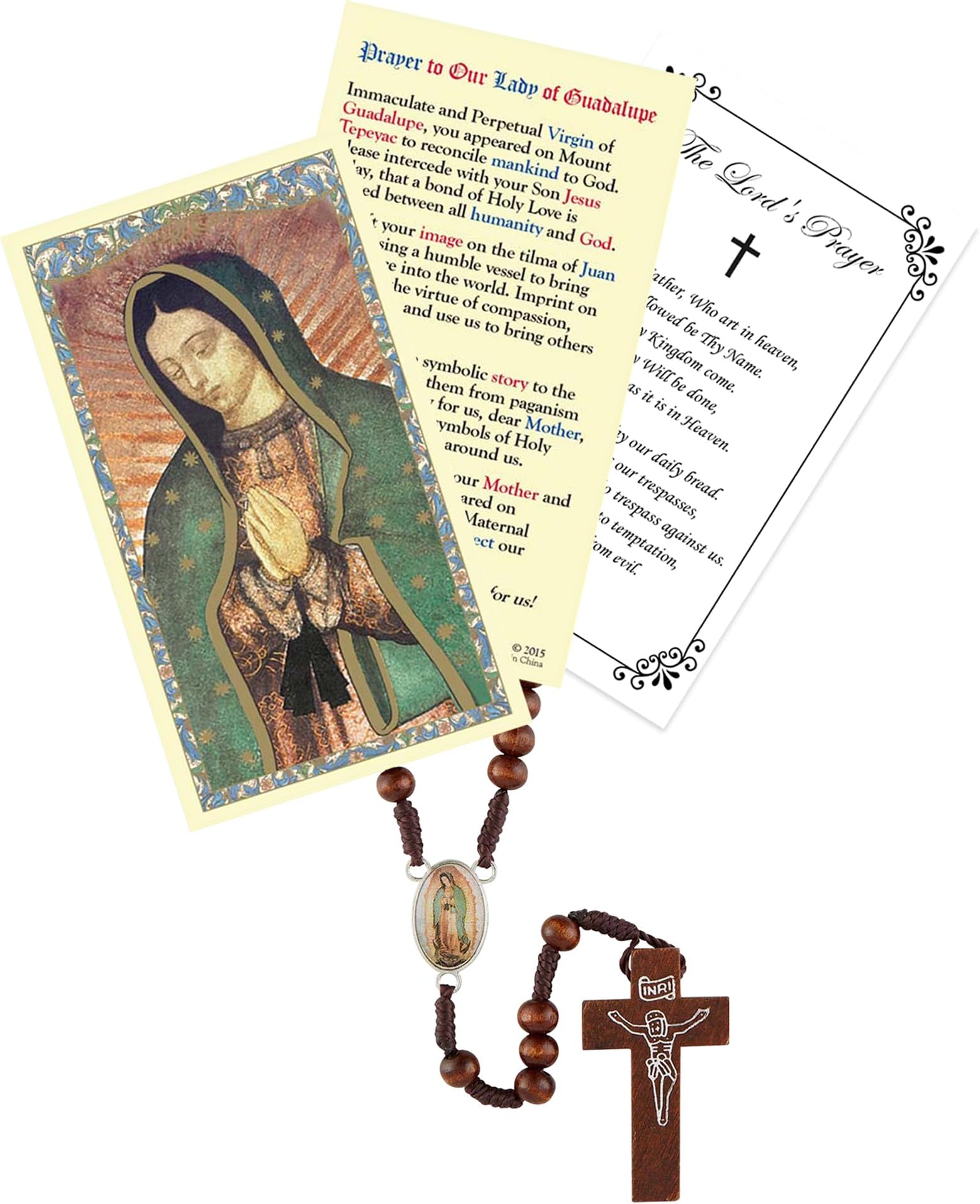 TrendzeenOur Lady of Guadalupe Rosary - Wooden Paracord Lady Guadalupe Rosary, Catholic Prayer Card, The Lord's Prayer Card - Rosario De La Virgen De Guadalupe - 3 Items Set, Wood, No Gemstone