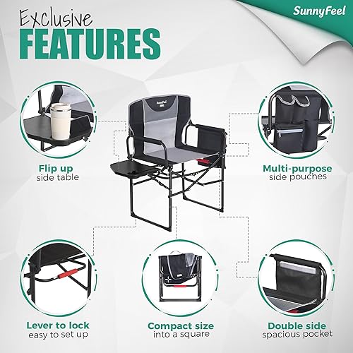 Miniatura 6 de SUNNYFEEL Silla de directores de campamento de gran tamaño de 500 libras resistente, silla plegable portátil con mesa auxiliar, bolsillo para playa,