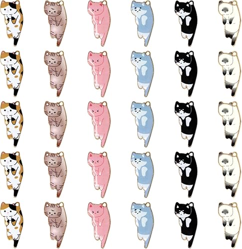 Honbay 30 dijes de gato de aleación esmaltada para aretes, collares, pulseras, llaveros, joyería y manualidades (6 colores)