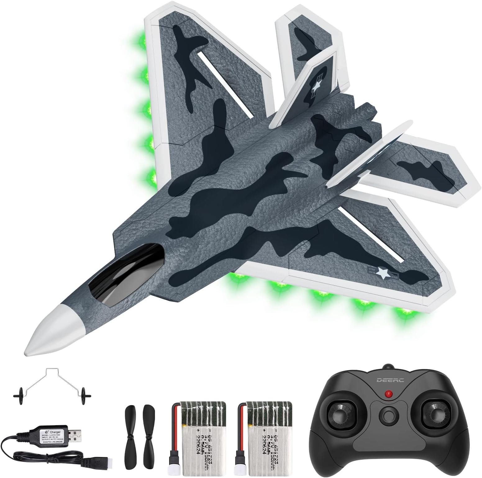 DEERC 2CH F22 Raptor RC Plane wiht Lights,Remote Control Airplane Fighter Toys,2.4GHz 6-axis Gyro Stabilizer RTF Glider Aircraft Jet Plane with 2 Batteries,Easy to Fly for Boys Adults