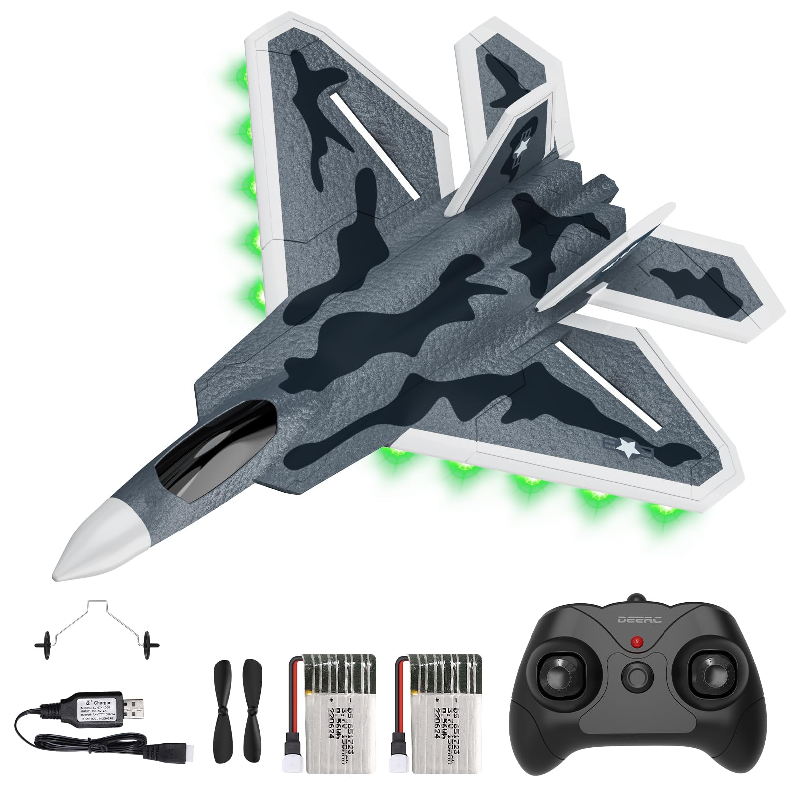DEERC 2CH F22 Raptor RC Plane wiht Lights,Remote Control Airplane Fighter Toys,2.4GHz 6-axis Gyro Stabilizer RTF Glider Aircraft Jet Plane with 2 Batteries,Easy to Fly for Boys Adults