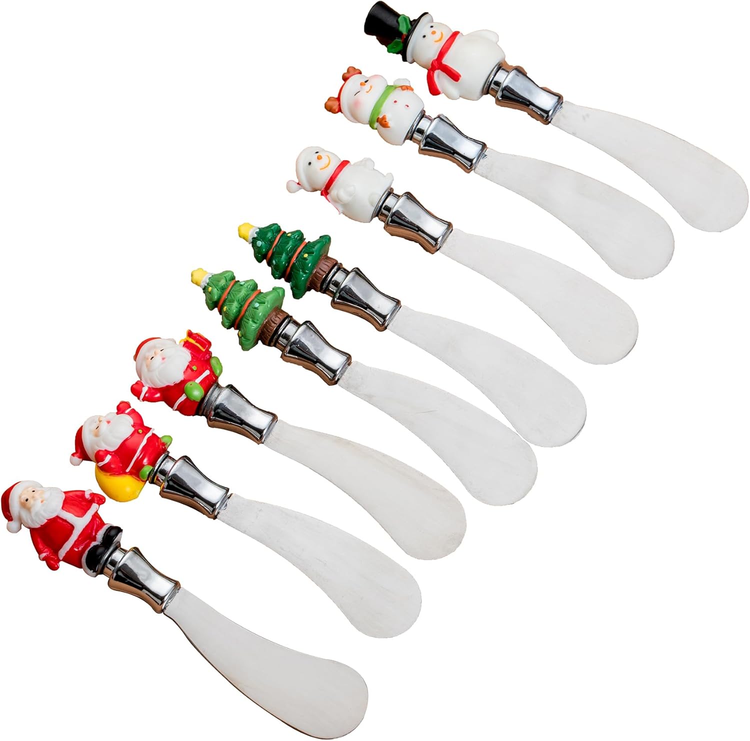 Christmas Cheese Spreaders Set of 8 – Holiday Resin Hand-Painted Handles with Stainless Steel Blades – Festive Butter Knives for Cheese, Jam, Spreads – Christmas Party Appetizer Serving Decor