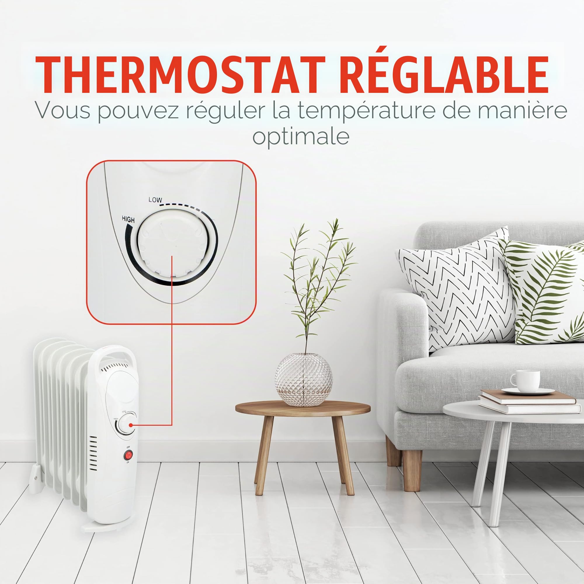 alpina Radiateur Bain d'huile – Chauffage Huile Électrique 850W avec Thermostat Réglable – Protection Contre la Surchauffe – Radiateur Compact avec Poignée et Large Base – 7 Ailette