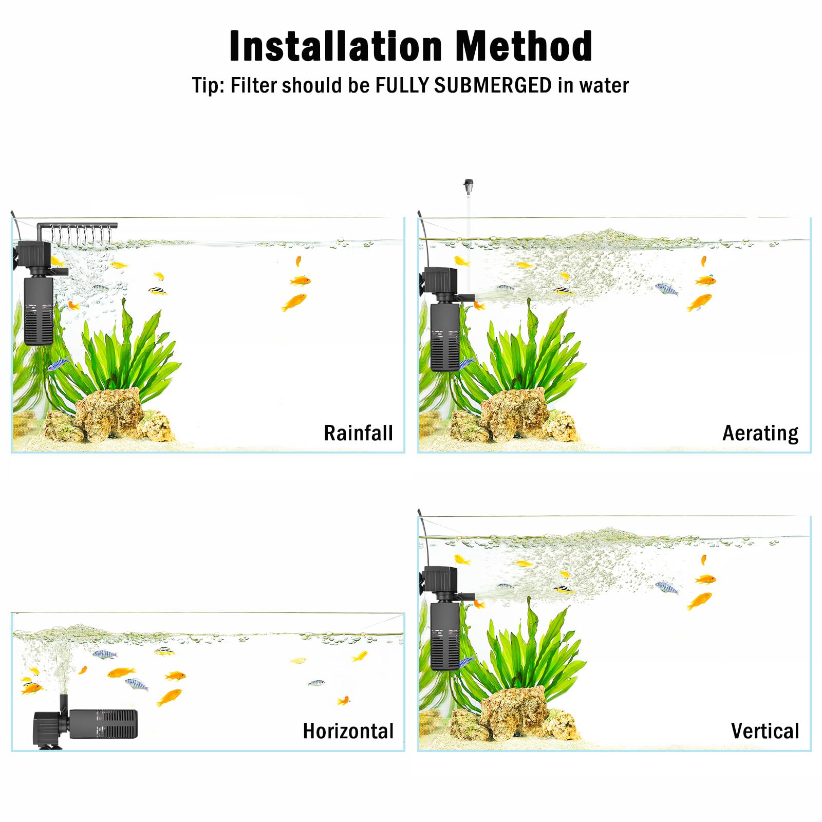 AQQA Filtre Aquarium, 4 en 1 Puissant Pompe Aquarium Silencieuse avec Triple Filtration, 450L/H Débit Réglable Filtre Intérieur pour Réservoir Jusqu'à 120L