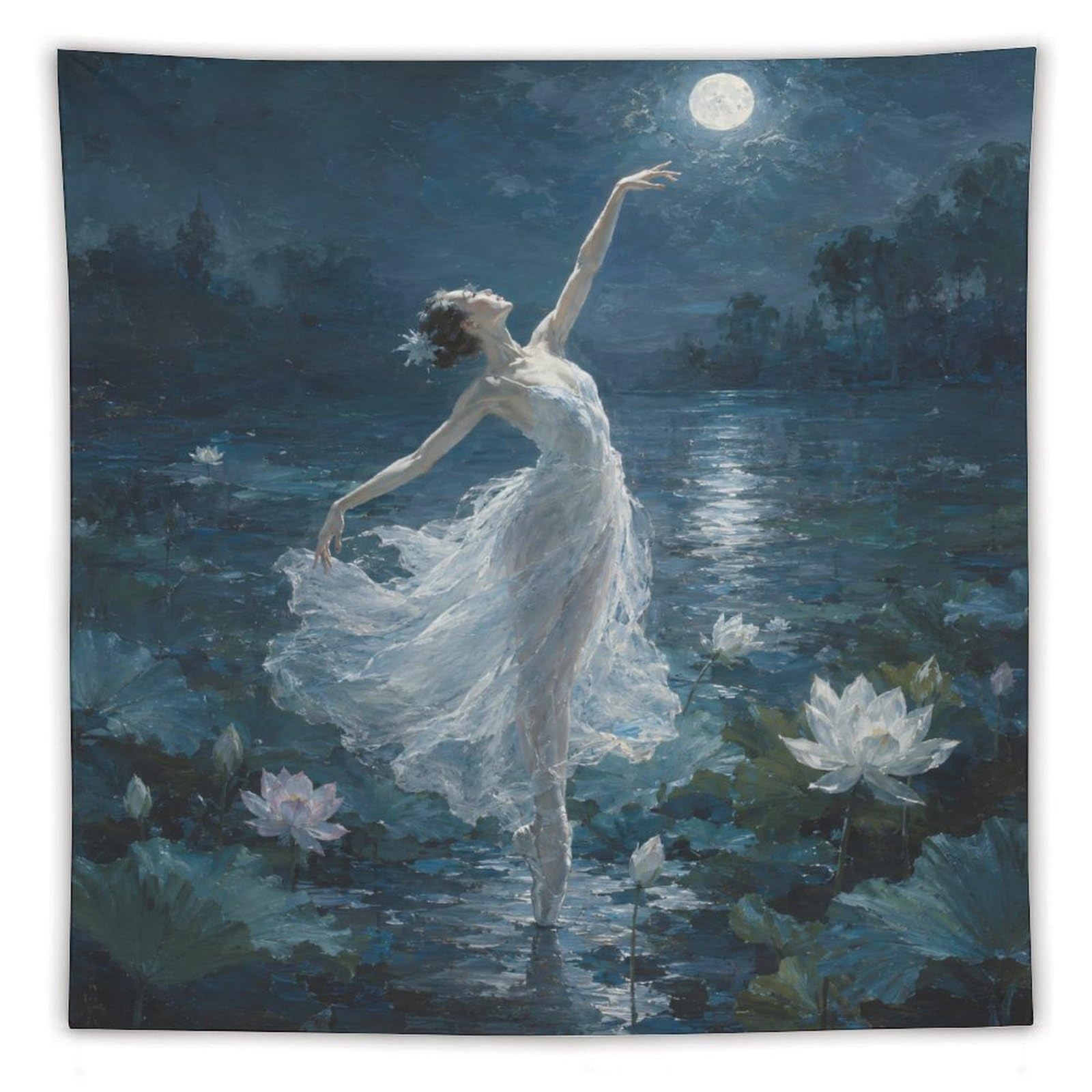 W7C8U2X3 Ballerina Lotus Moon Wall Tapestry, Impressionist Style, Apartment