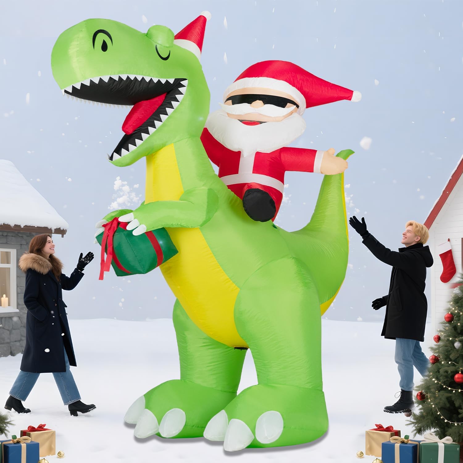 ININ 8FT Christmas Inflatables Santa Claus Riding Dinosaur Decorations Outdoor,Christmas Blow Up Santa Claus Yard Decorations Built-in LED Lights,Holiday Party Decor,for Yard/Lawn/Garden. - Image 6