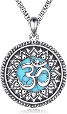 Om Necklace Sterling Silver Blue Turquoise Om Symbol Lotus Flower Pendant Meditation Jewelry Gifts for Women