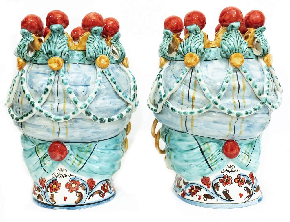Generico Coppia teste di moro Caltagirone anelli in ceramica siciliana vasi grande H 30 cm