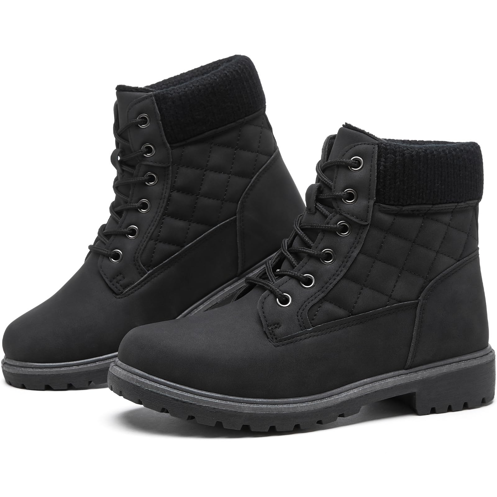 kufeiti Waterproof Ankle Boots for Women Non Slip Black Combat Boots Fall Winter Snow Lace Up Hiking Booties