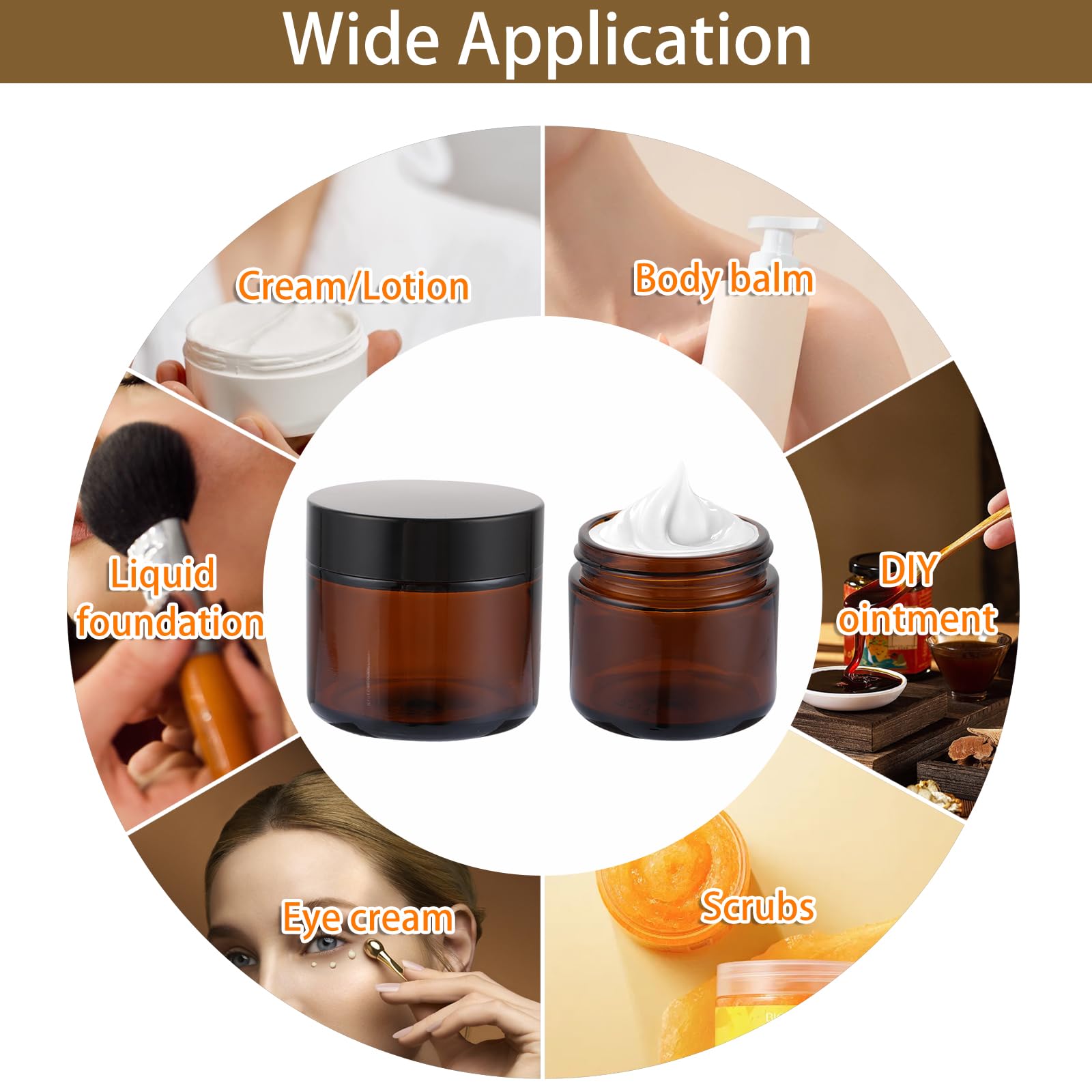 Lot de 25 pots en verre ambré - 60 ml - Pot à pommade à remplir - Avec couvercles noirs et couvercles intérieurs - Pour cosmétiques, lotions, crèmes, mini bougies