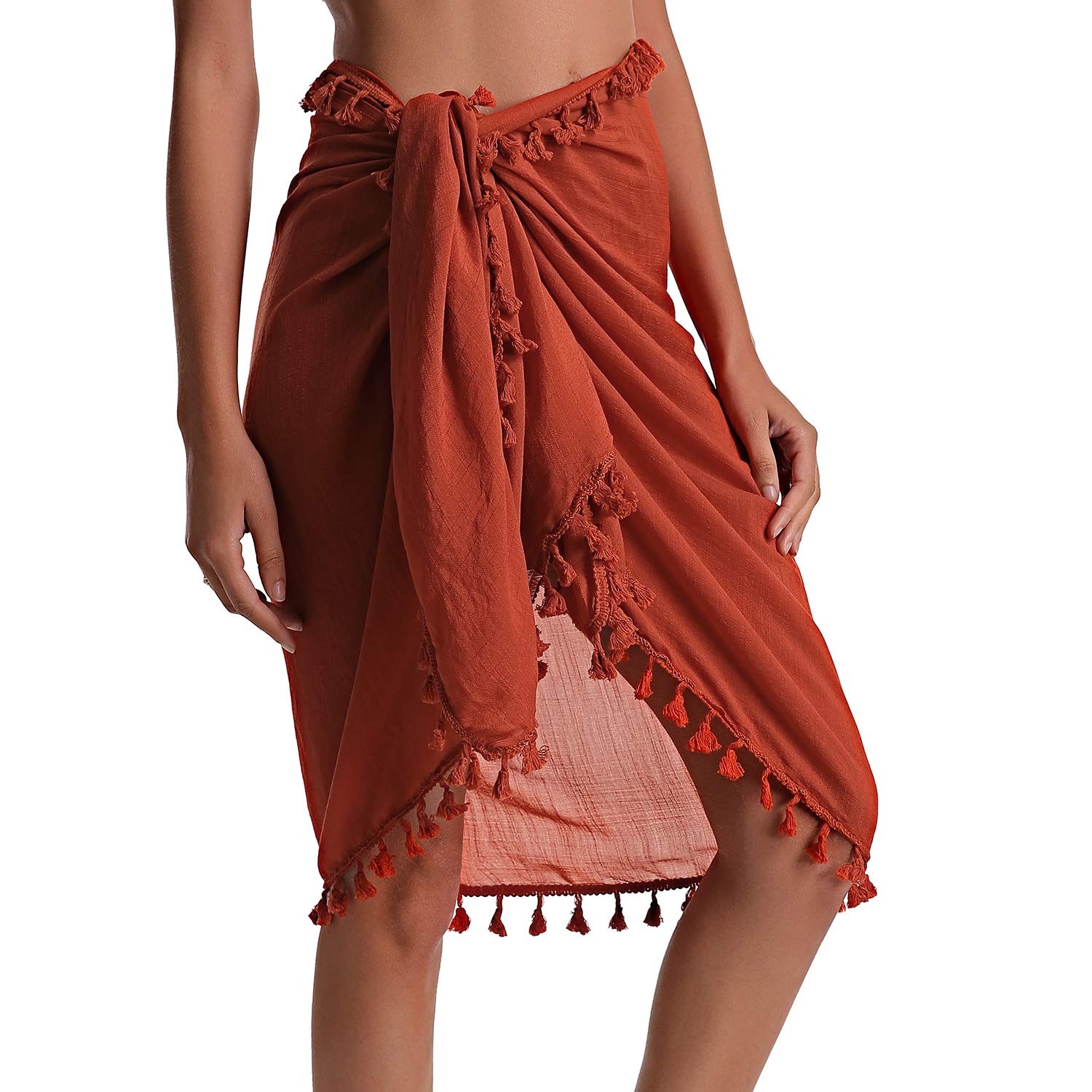 EicolorteBeach Sarong Pareo Womens Semi-Sheer Swimwear Cover Ups Short Skirt with Tassels, 016-orangered-short, Large