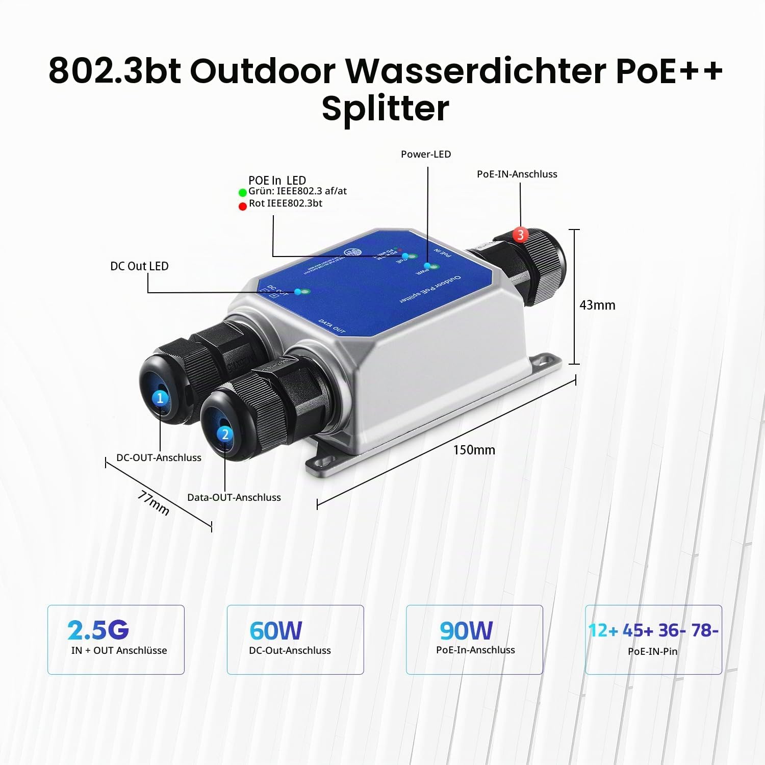 MokerLink IP67 Outdoor 2.5 Gigabit PoE Splitter, 10/100/1000/2500Mbps, IEEE 802.3 af/at/bt PoE in, DC12V 5A Out, Max 65W, Wandmontage Metall Wasserdicht