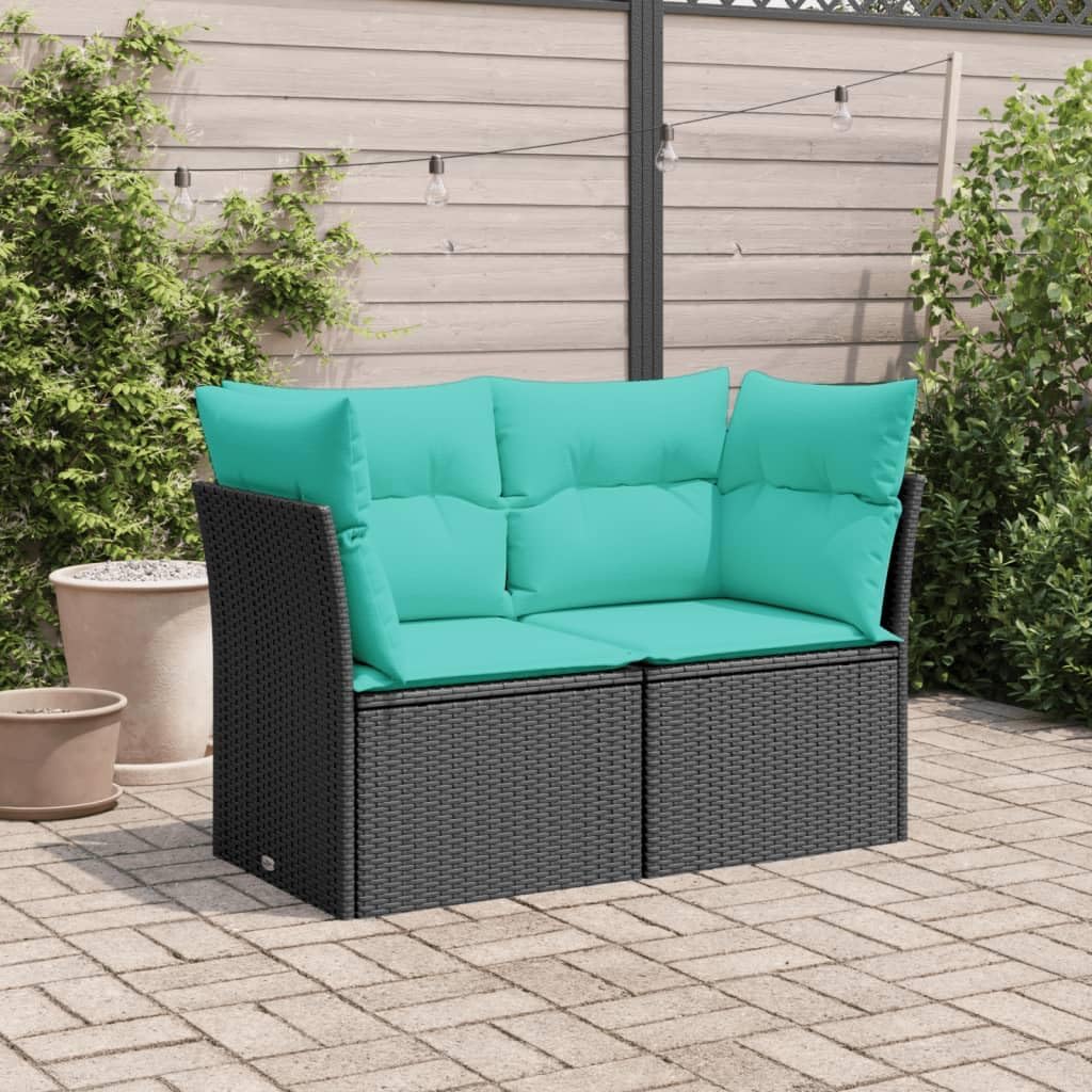 Modular 2-Seater Outdoor Sofa Black Blue Poly Rattan 24.4x48.8x27.2 in Powder-Coated Steel Frame Small Patio Loveseat for Balcony Garden Terrace