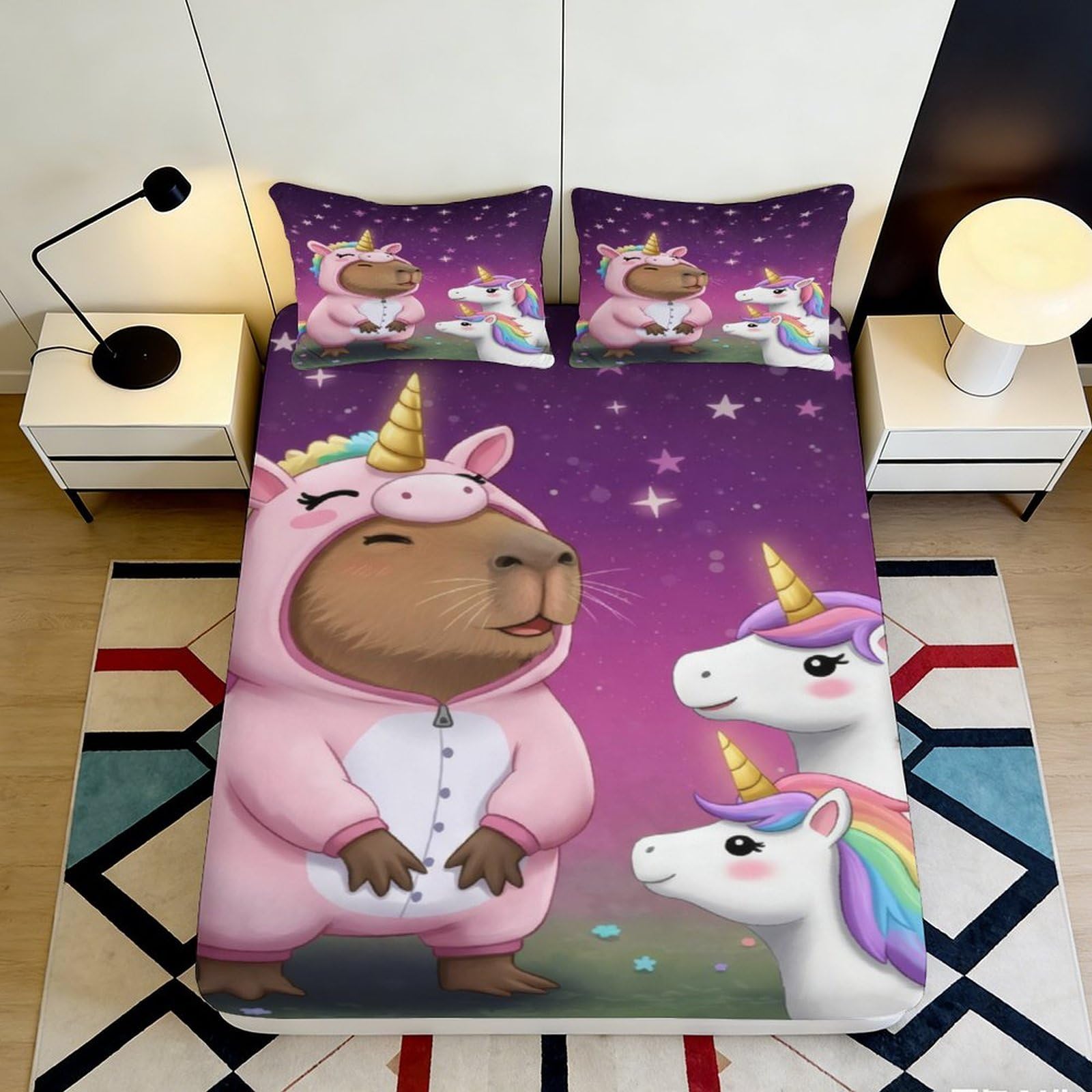 3D Printed Unicorn Capybara Fitted Sheet Microfiber Purple Cartoon Mattress Cover Anti-Slip for Bedroom Dorm Guest Room Easy Care 120x200x25cm