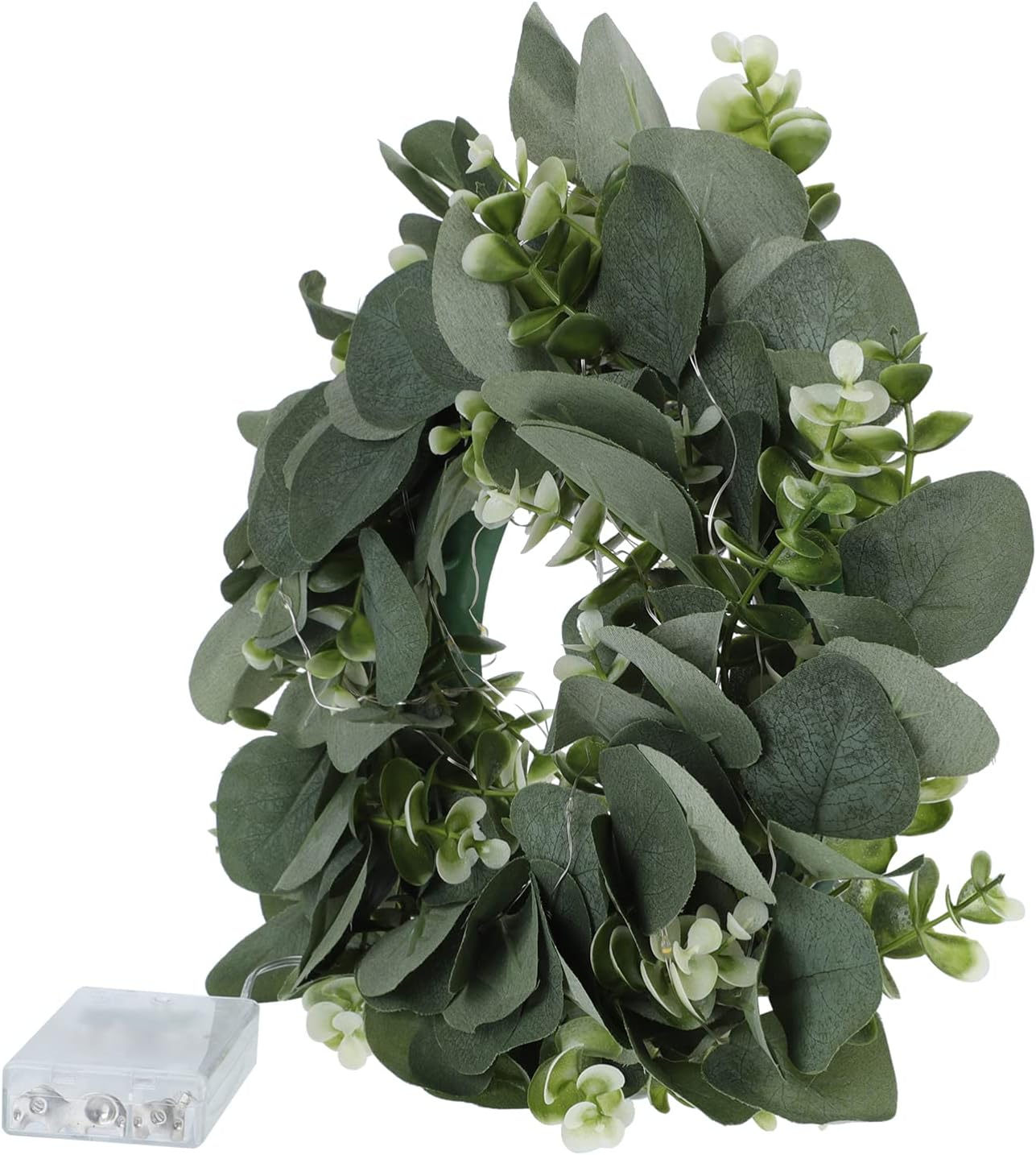 OSALADI Artificial Eucalyptus Leaf Wreath LED Green Leaves Wreath Front Door Hanging Garland Holiday Hanging Decor for Farmhouse Fireplace Window