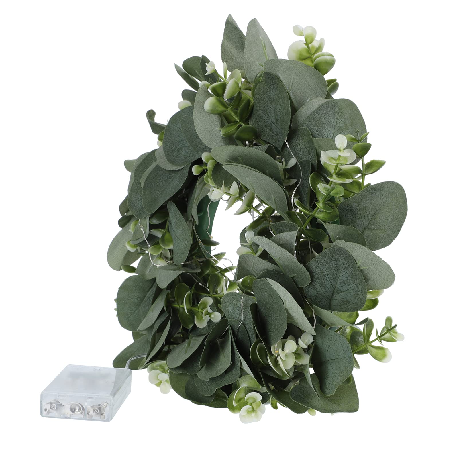 OSALADI Artificial Eucalyptus Leaf Wreath LED Green Leaves Wreath Front Door Hanging Garland Holiday Hanging Decor for Farmhouse Fireplace Window