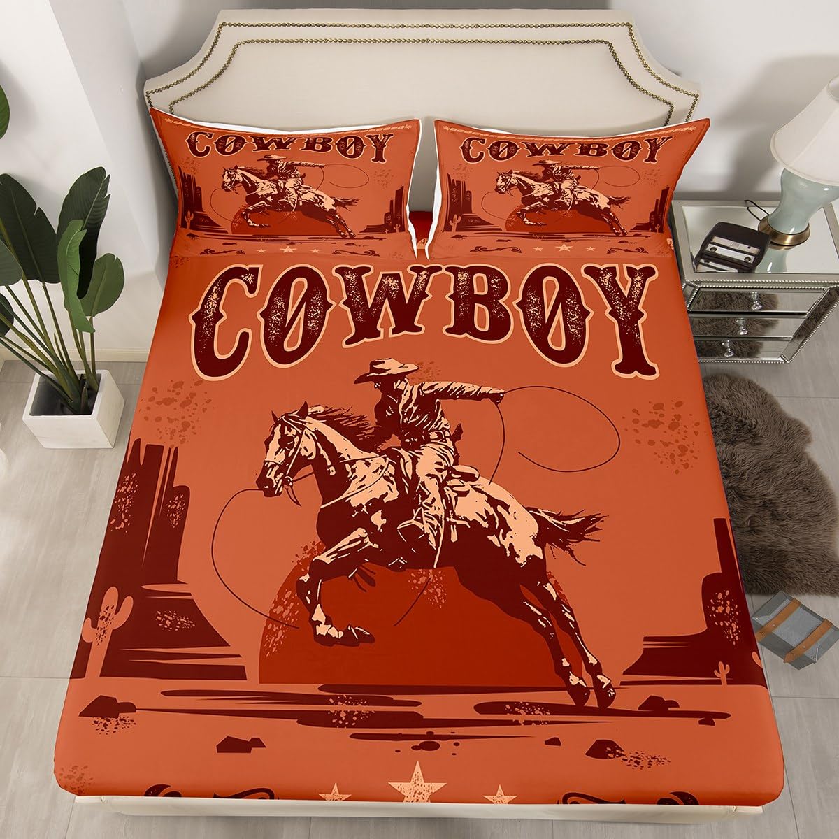 Cowboy Fitted Sheet Double Size, Cowboy Riding Horse Western Style Bedding Set 3pcs for Kids Boys Teen Adults, American West Bed Cover with 2 Pillowcases, Soft Polyester Bedding