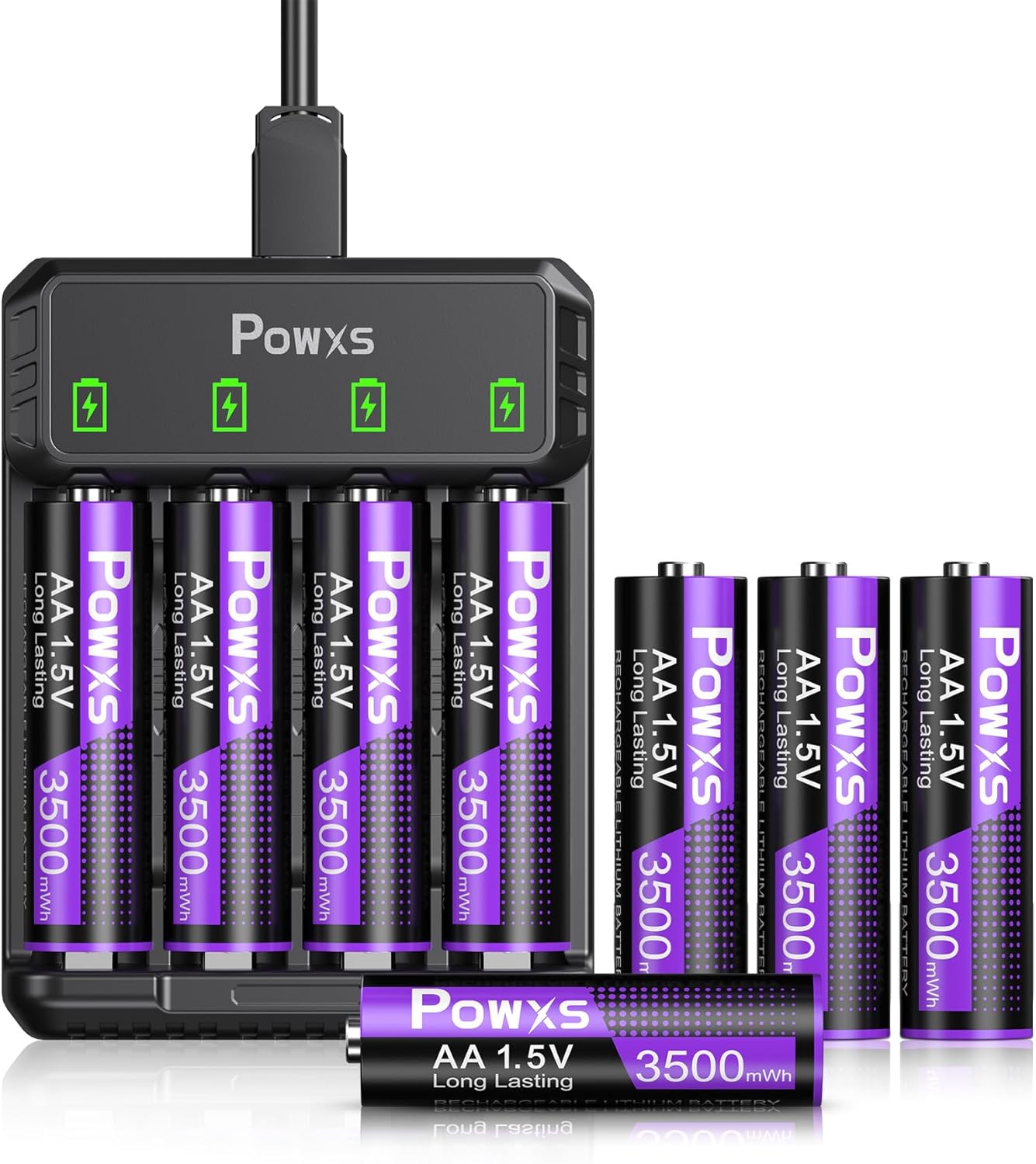 POWXS RechargeableAA Lithium Batteries 1.5V with USB Charger, 3500mWh, 2000 Cycles, Constant Voltage for Blink Camera, Security Devices, Flashlight, Audio Equipmen 8-Pack
