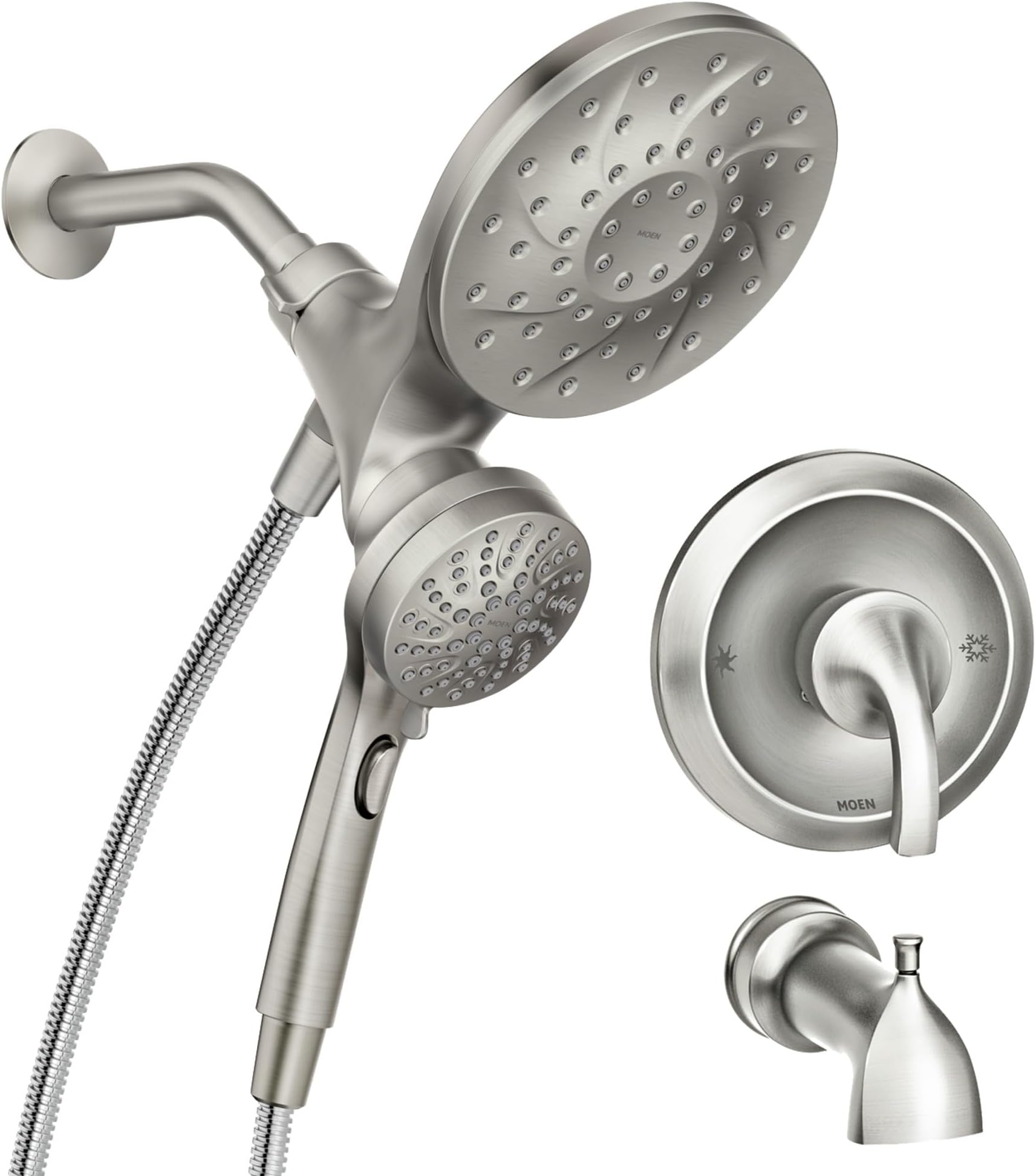 Moen Engage Magnetix Spot Resist Brushed Nickel Multi-Function Handshower and Rainfall Shower Head Trim Combo with Shower Handle, Tub Spout, Metal Hose and Valve, 82304SRN
