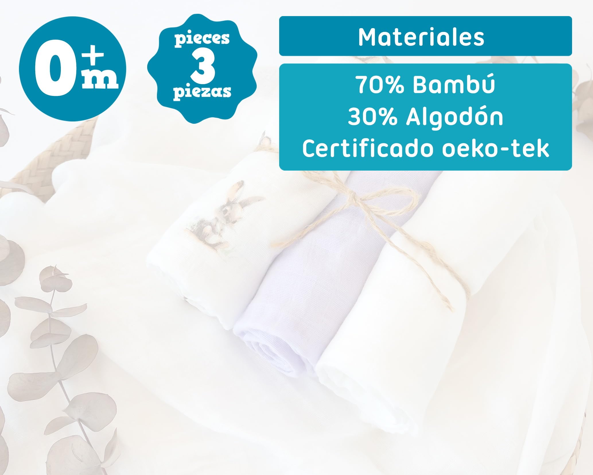 Kiokids | Set 3 Muselinas Conejitos, Lavanda y Blanco | Colección Petit Moments | 70% Bambú y 30% Algodón | Ultra Suaves | Antibacterianas y Termo Climáticas | Protector Rayos UV | +0 Meses | 70x70cm