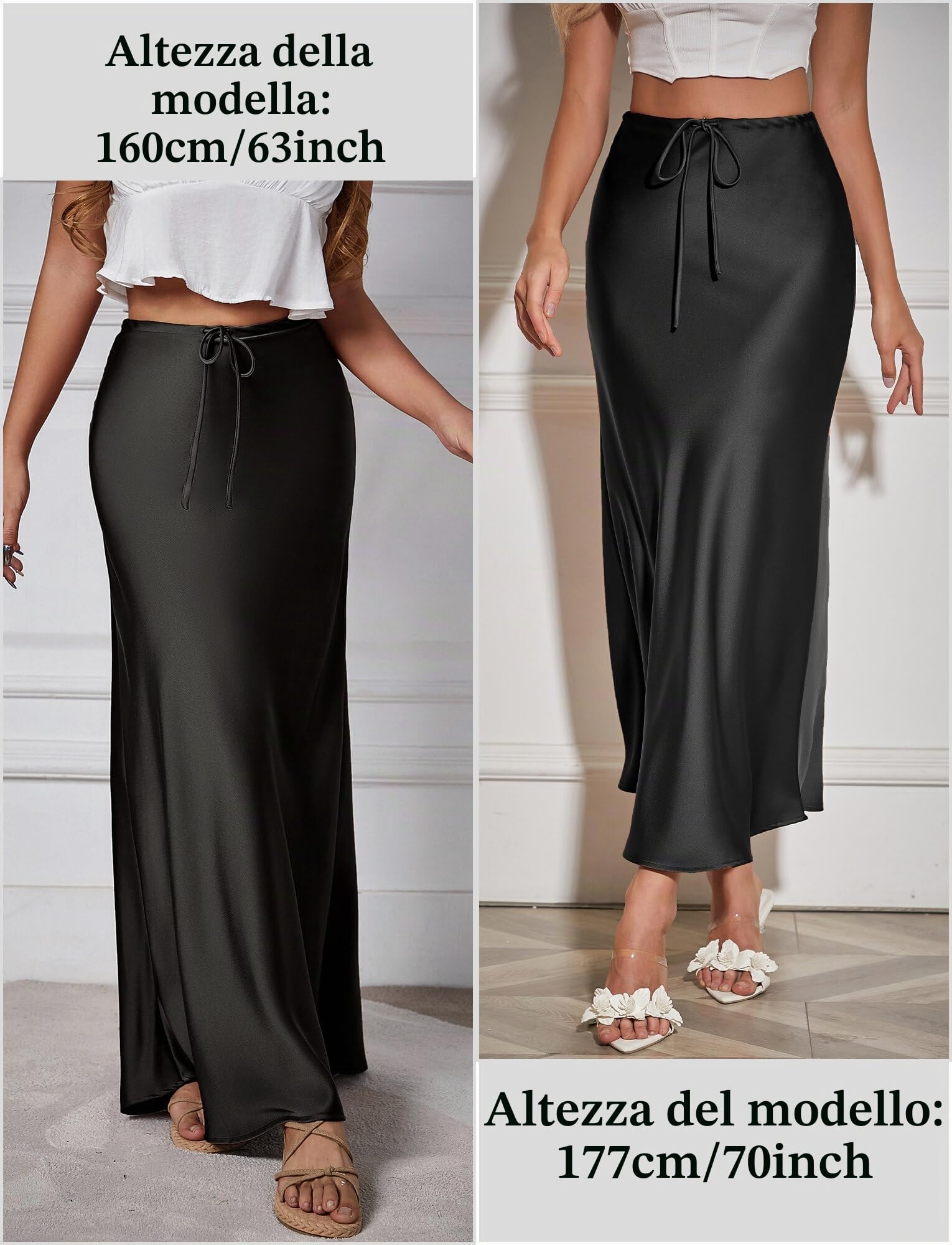 Maeau Gonna lunga da donna in raso, con coulisse, tinta unita, a vita alta, regolabile, a linea Causal, gonna in raso, attillata, per tutti i giorni, estiva, business, maxi gonna S-XL